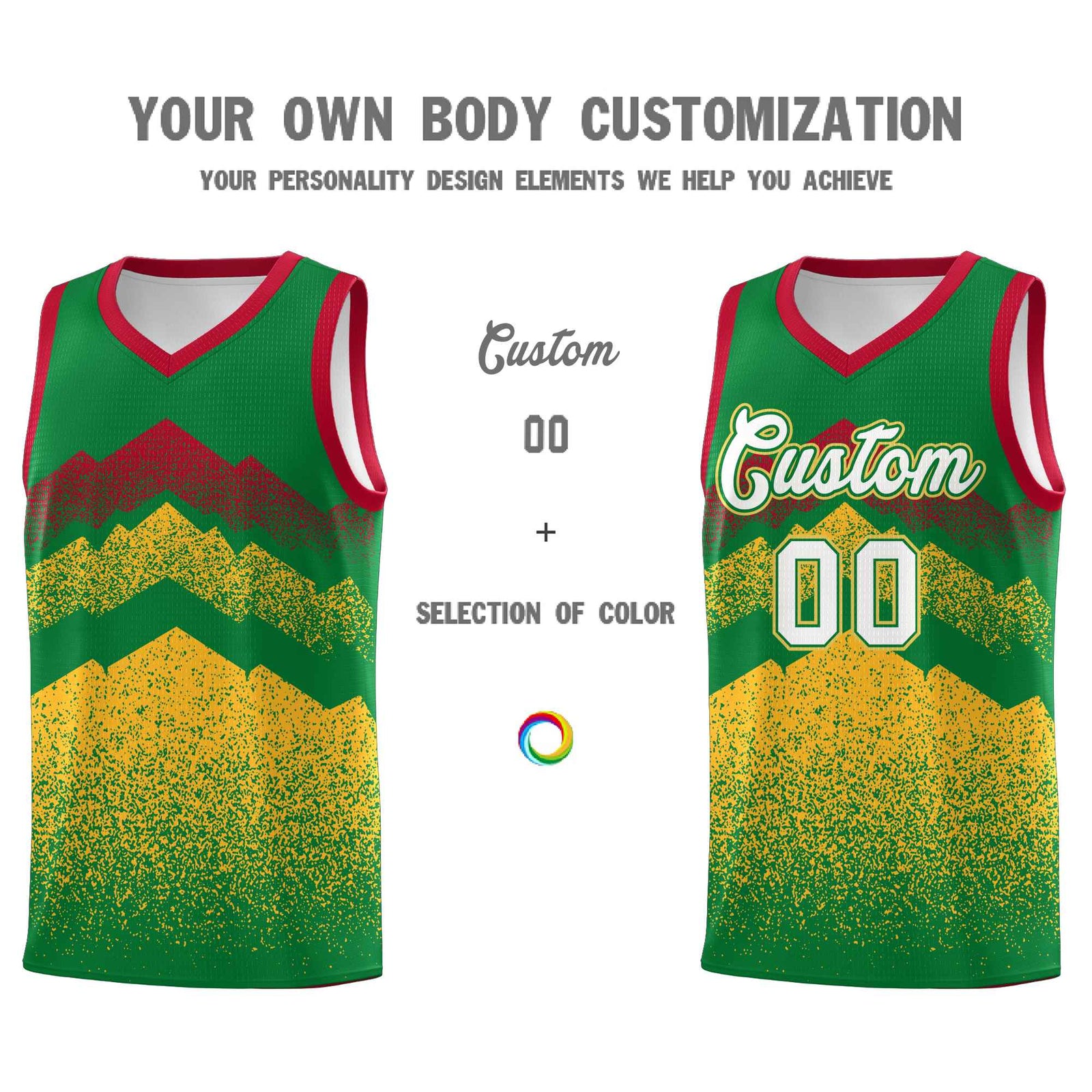 Custom Youth Basketball Jerseys Kelly Green Gold Gradient Mountain Design Uniforms