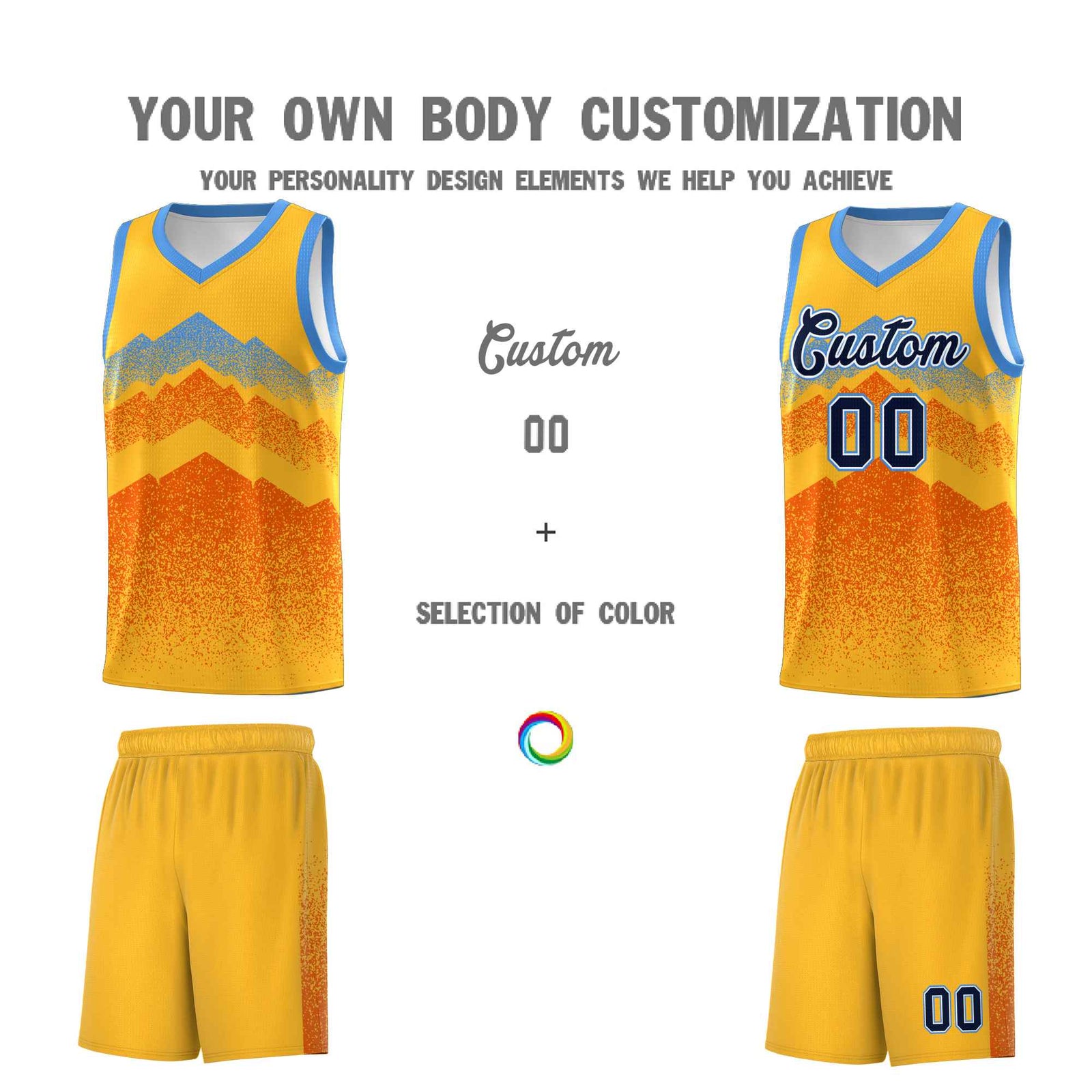 Custom Youth Basketball Jerseys Gold Orange Gradient Mountain Design Uniforms