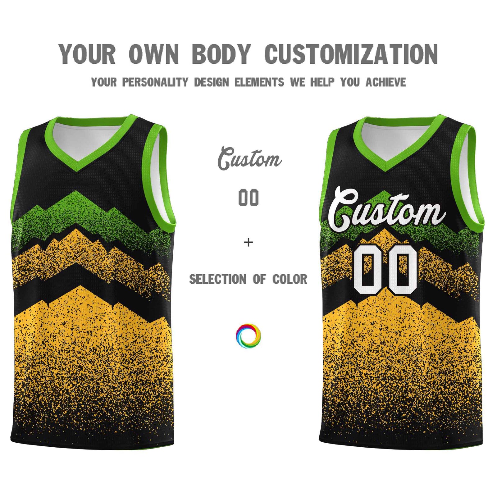 Personalized Youth Basketball Jerseys   Black Gold Gradient Mountain Design Uniforms