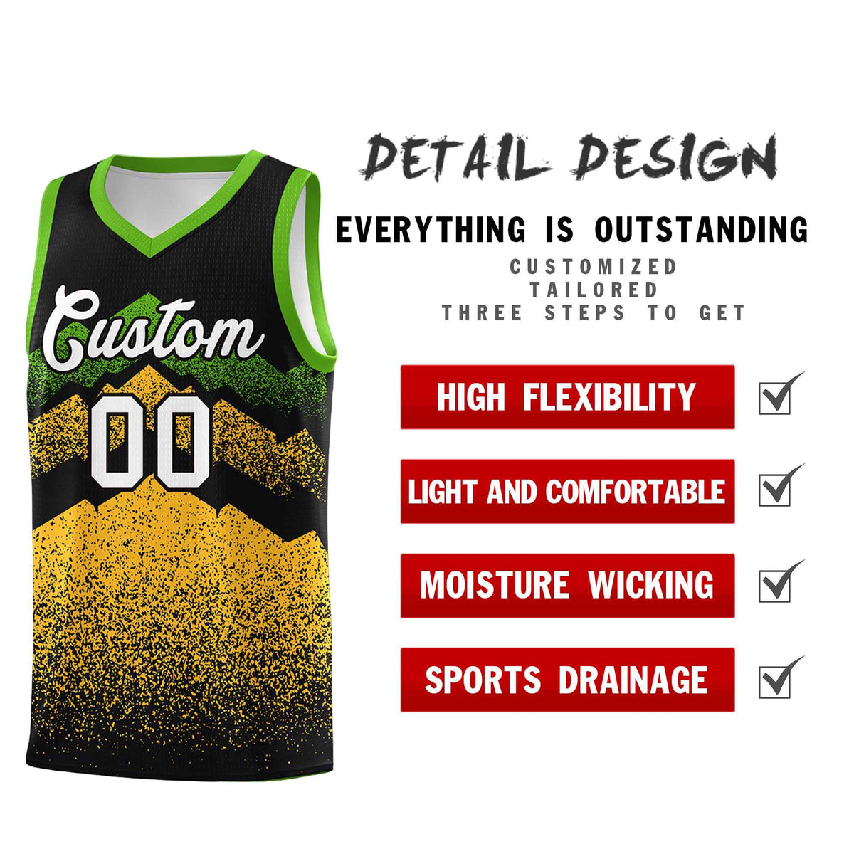 Personalized Youth Basketball Jerseys   Black Gold Gradient Mountain Design Uniforms