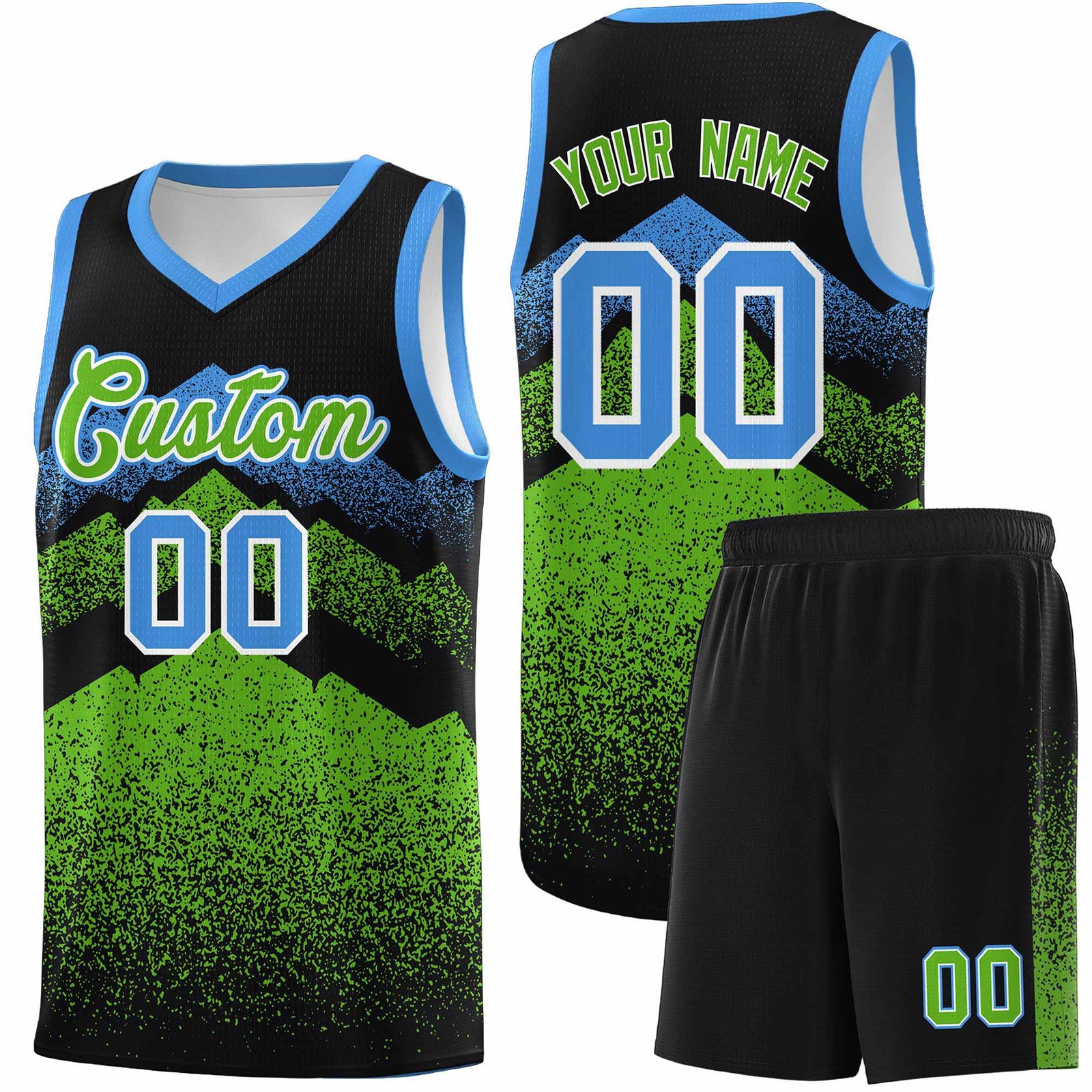 Personalized Youth Basketball Jerseys   Black Green Gradient Mountain Design Uniforms