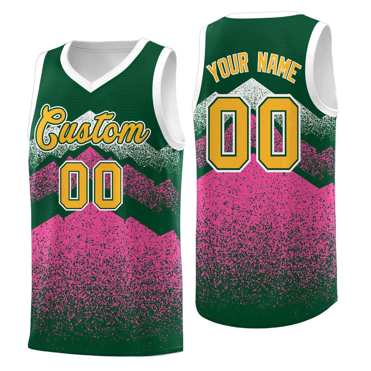 Custom Youth Basketball Jerseys Green Pink Gradient Mountain Design Uniforms