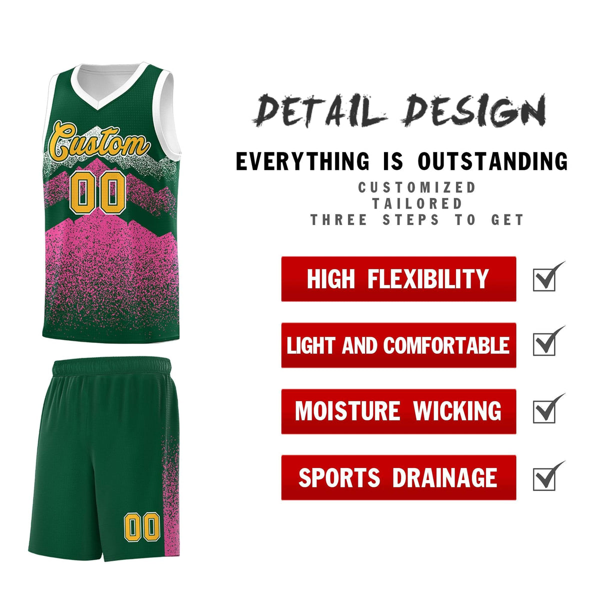 Custom Youth Basketball Jerseys Green Pink Gradient Mountain Design Uniforms