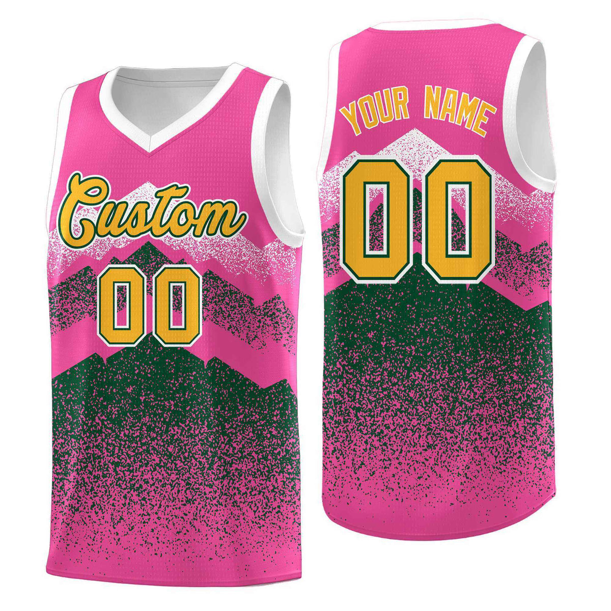 Personalized Youth Basketball Jerseys   Pink Green Gradient Mountain Design Uniforms