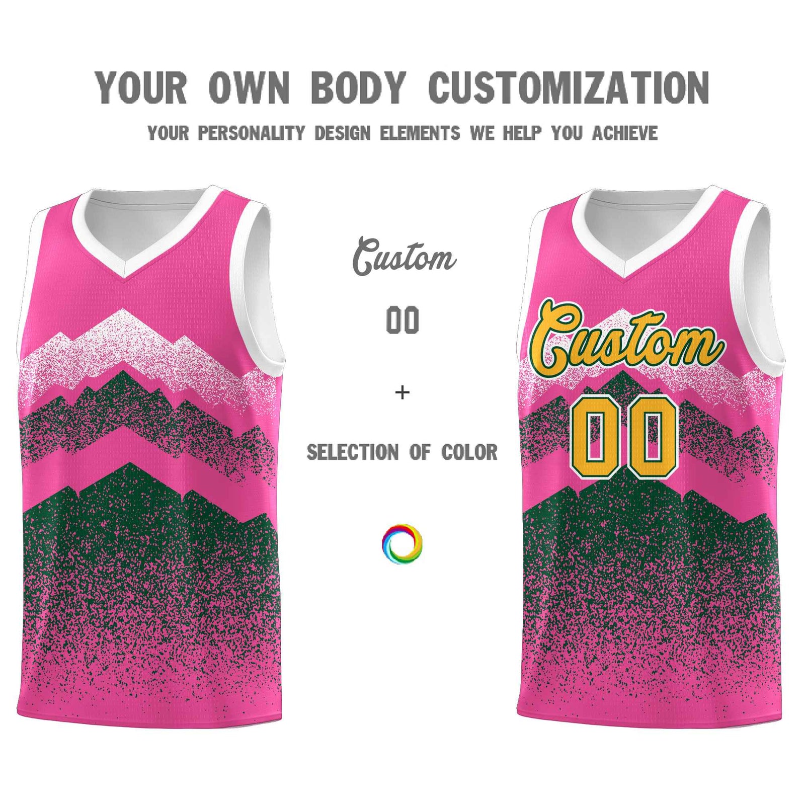 Personalized Youth Basketball Jerseys   Pink Green Gradient Mountain Design Uniforms
