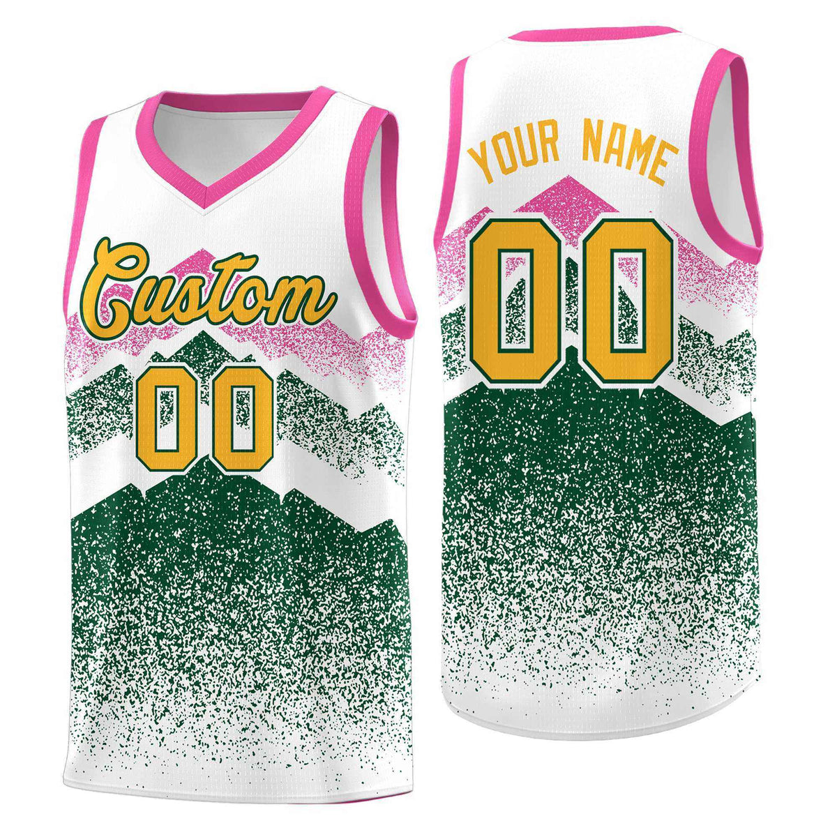 Custom Youth Basketball Jerseys White Green Gradient Mountain Design Uniforms