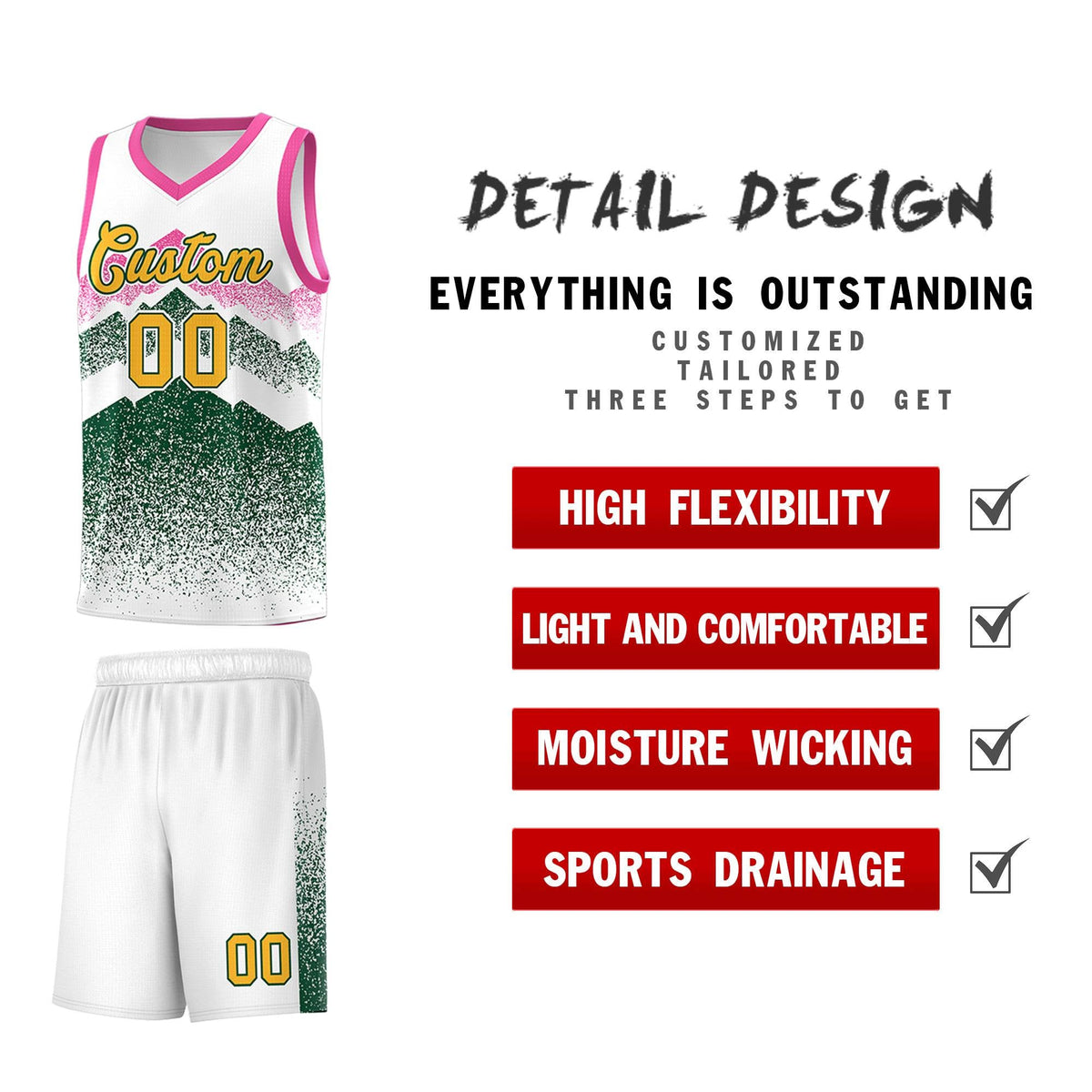 Custom Youth Basketball Jerseys White Green Gradient Mountain Design Uniforms
