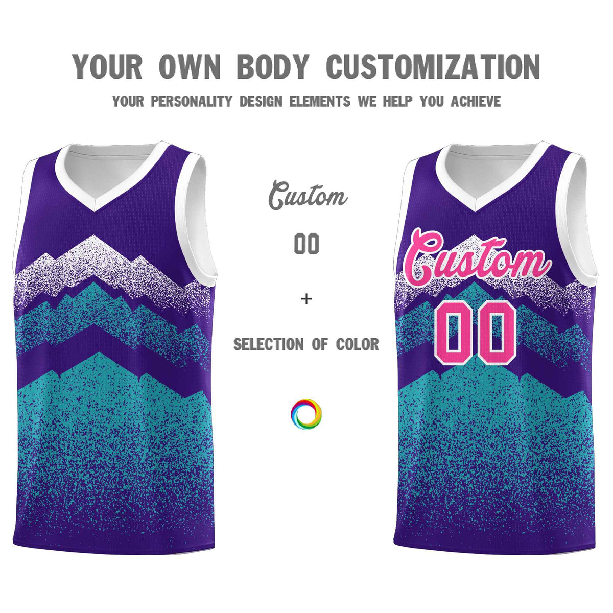Personalized Youth Basketball Jerseys   Purple Aqua Gradient Mountain Design Uniforms