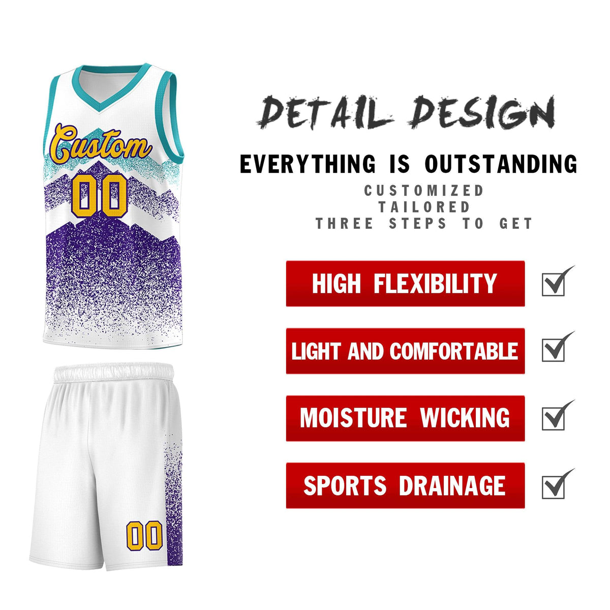 Custom Youth Basketball Jerseys White Purple Gradient Mountain Design Uniforms