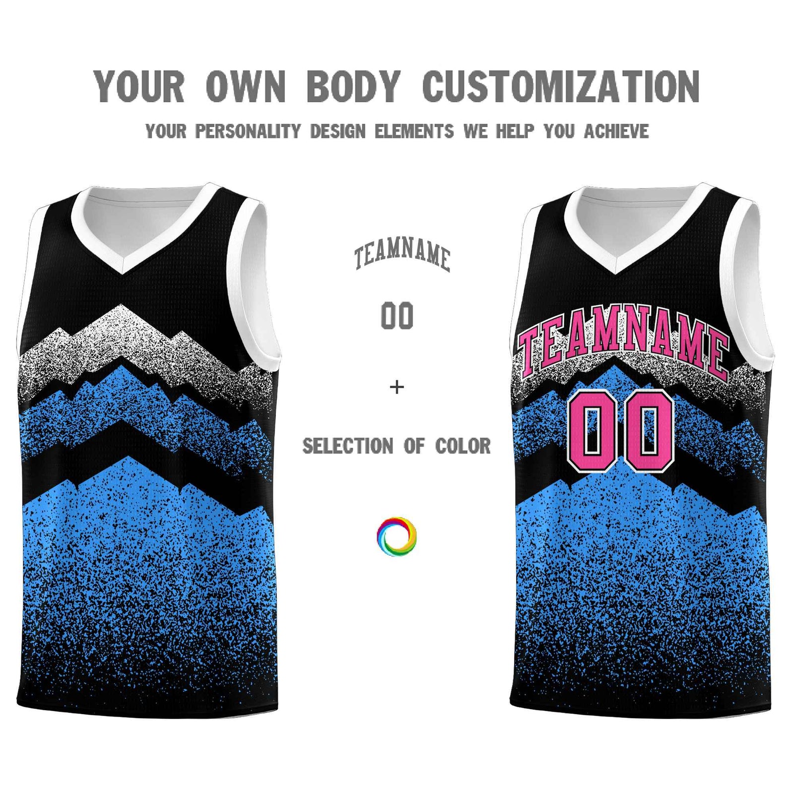 Personalized Youth Basketball Jerseys   Black Powder Blue Gradient Mountain Design Uniforms