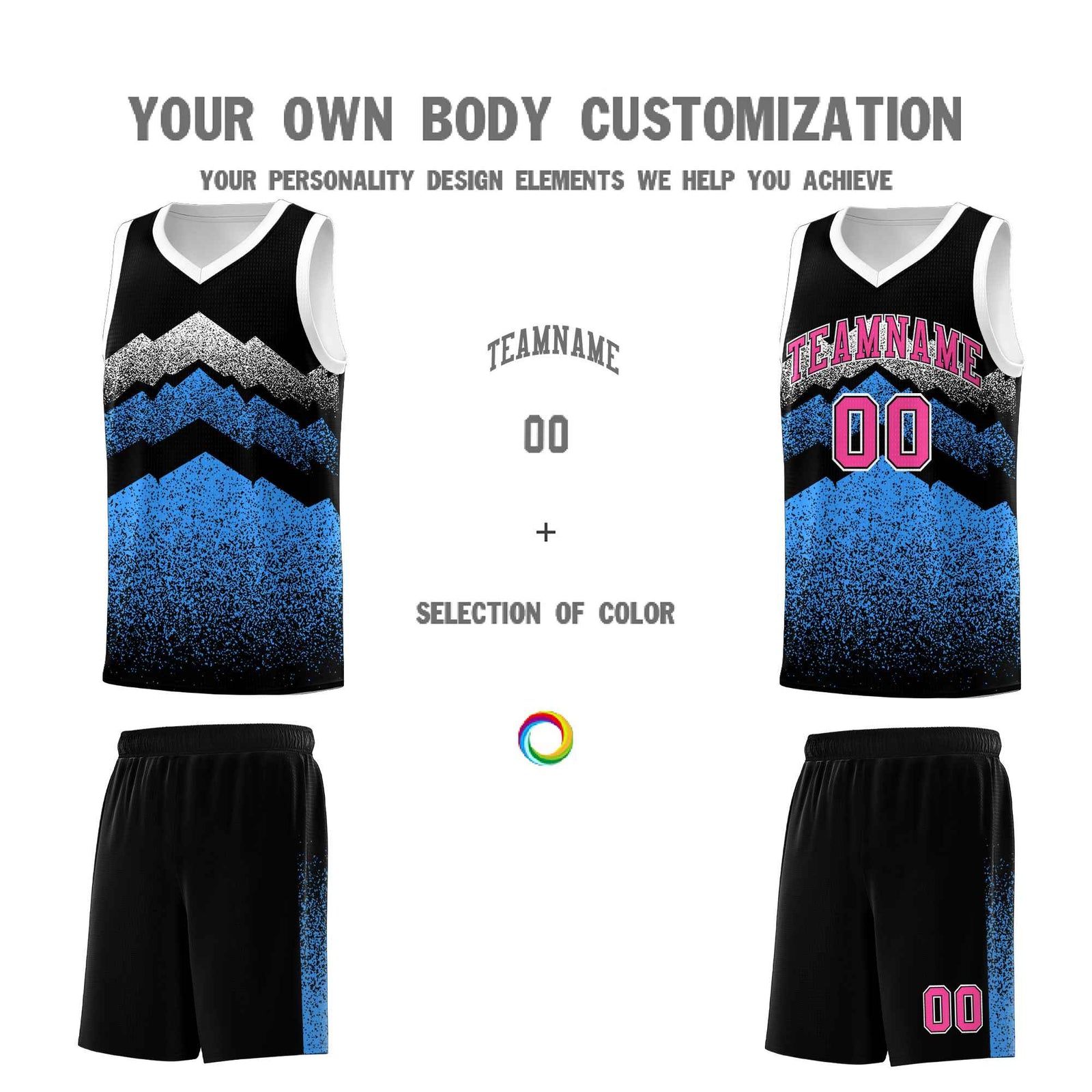 Personalized Youth Basketball Jerseys   Black Powder Blue Gradient Mountain Design Uniforms