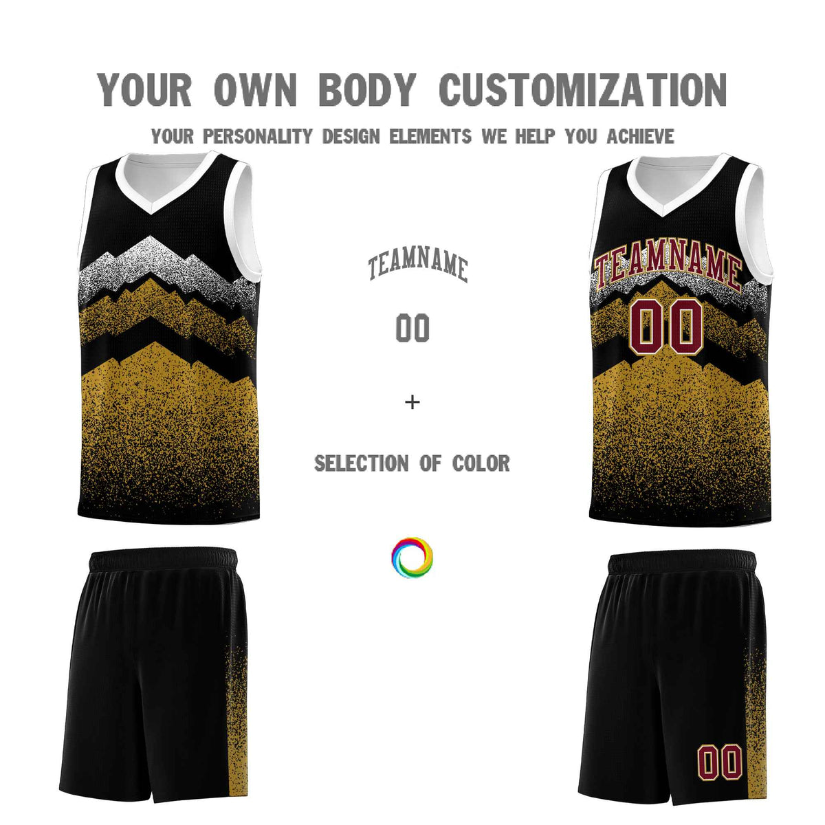 Custom Youth Basketball Jerseys Black Old Gold Gradient Mountain Design Uniforms