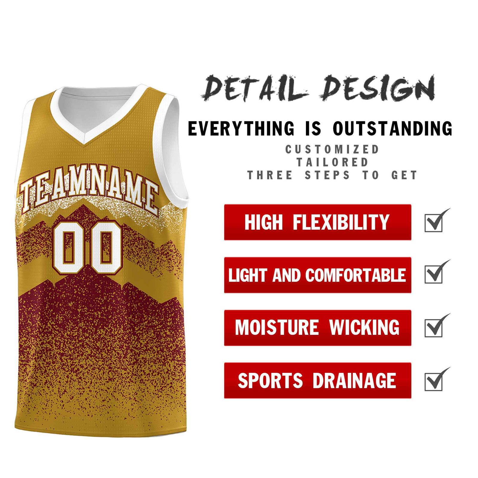 Custom Youth Basketball Jerseys Old Gold Crimson Gradient Mountain Design Uniforms