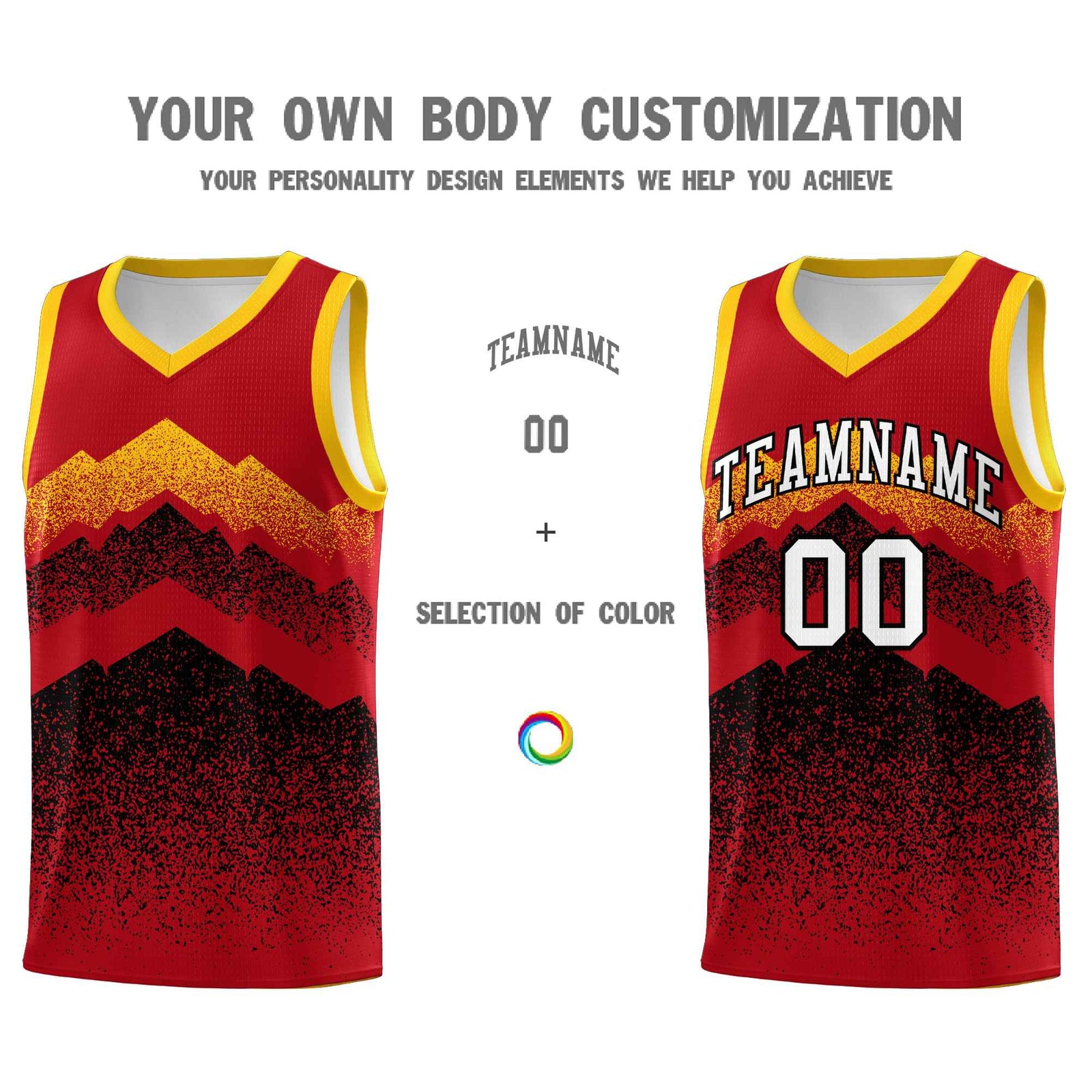 Custom Youth Basketball Jerseys Red Black Gradient Mountain Design Uniforms