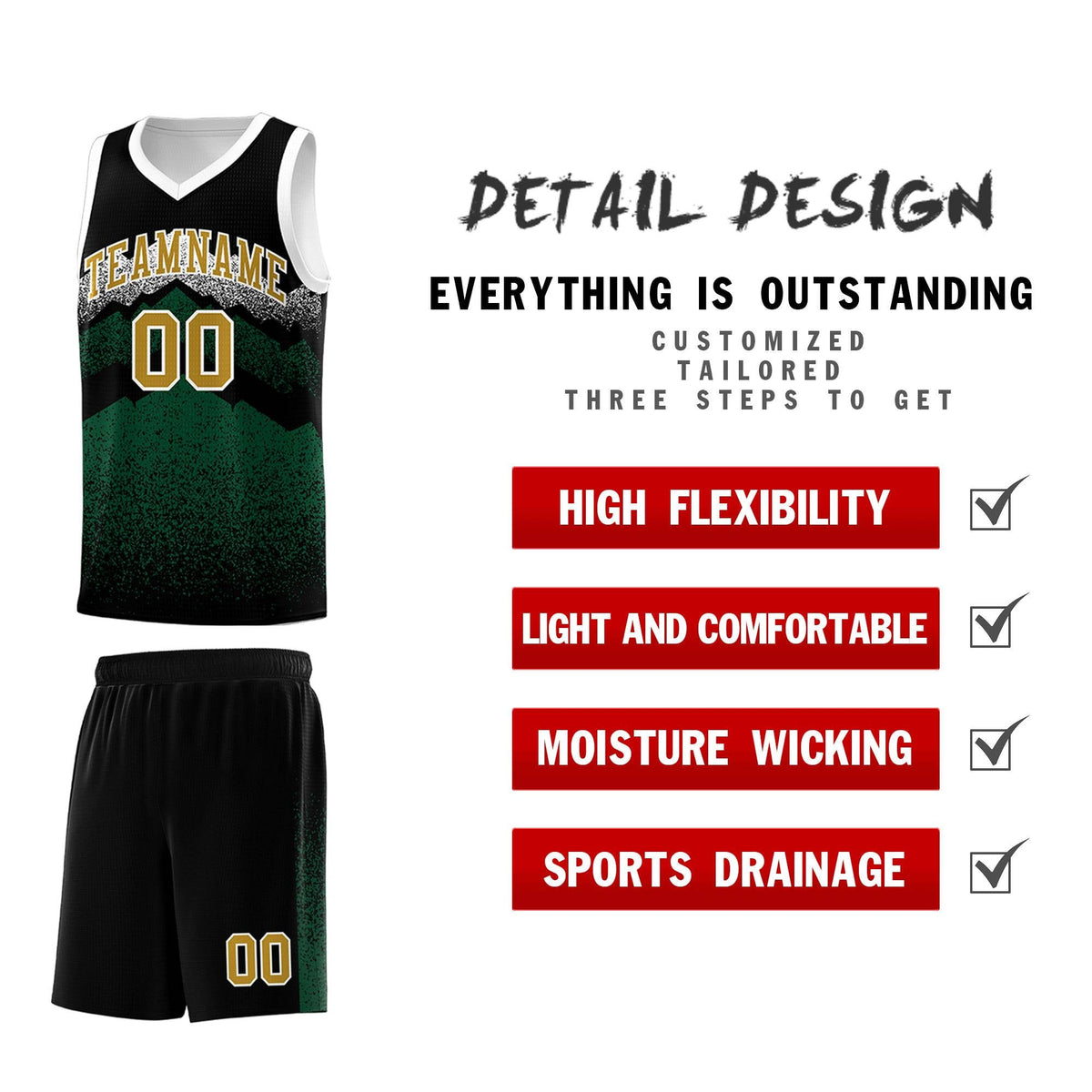 Personalized Youth Basketball Jerseys   Black Green Gradient Mountain Design Uniforms