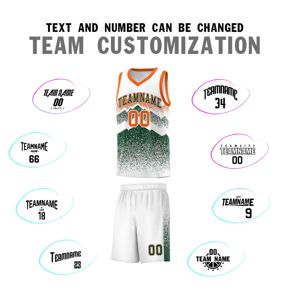 Custom Youth Basketball Jerseys White Green Gradient Mountain Design Uniforms
