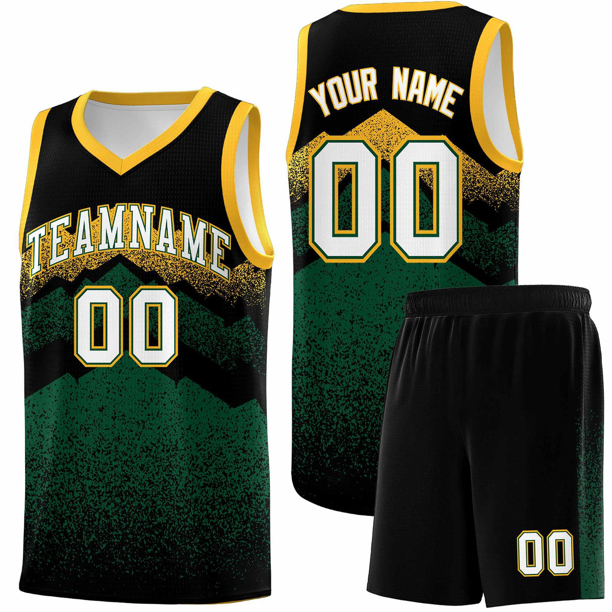 Custom Youth Basketball Jerseys Black Green Gradient Mountain Design Uniforms