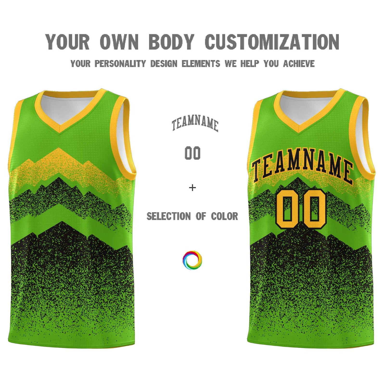 Custom Youth Basketball Jerseys Green Black Gradient Mountain Design Uniforms