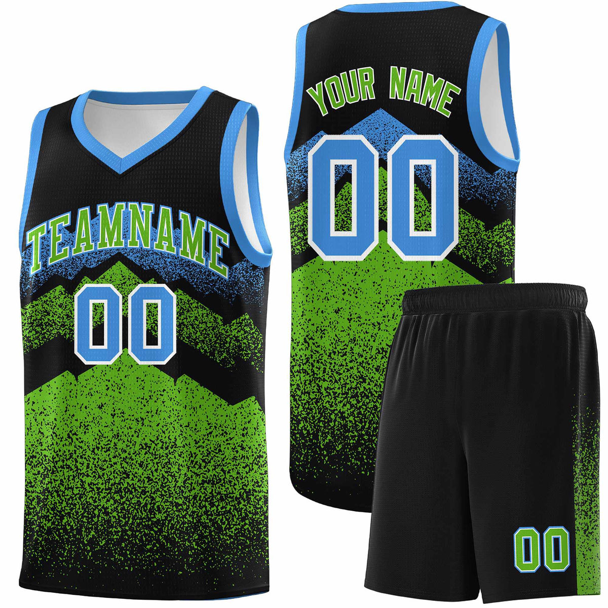 Personalized Youth Basketball Jerseys   Black Green Gradient Mountain Design Uniforms