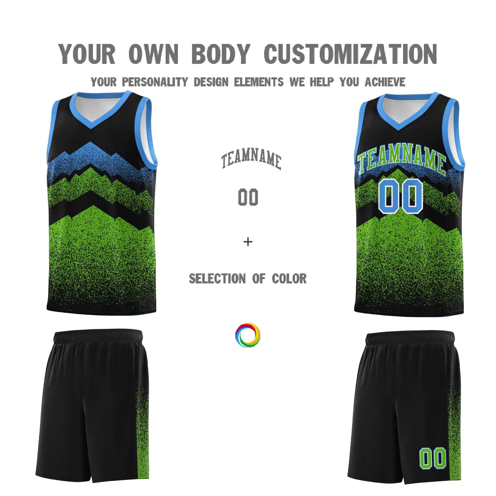 Personalized Youth Basketball Jerseys   Black Green Gradient Mountain Design Uniforms