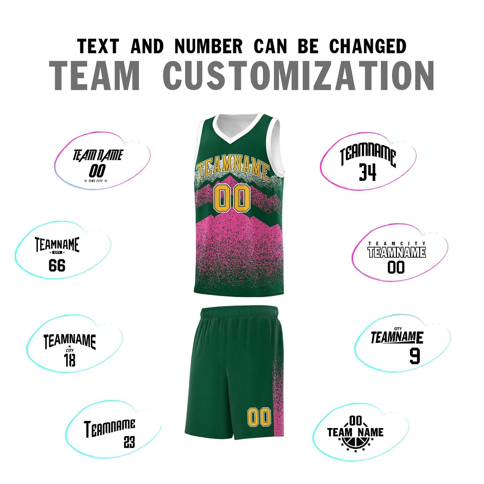 Custom Youth Basketball Jerseys Green Pink Gradient Mountain Design Uniforms
