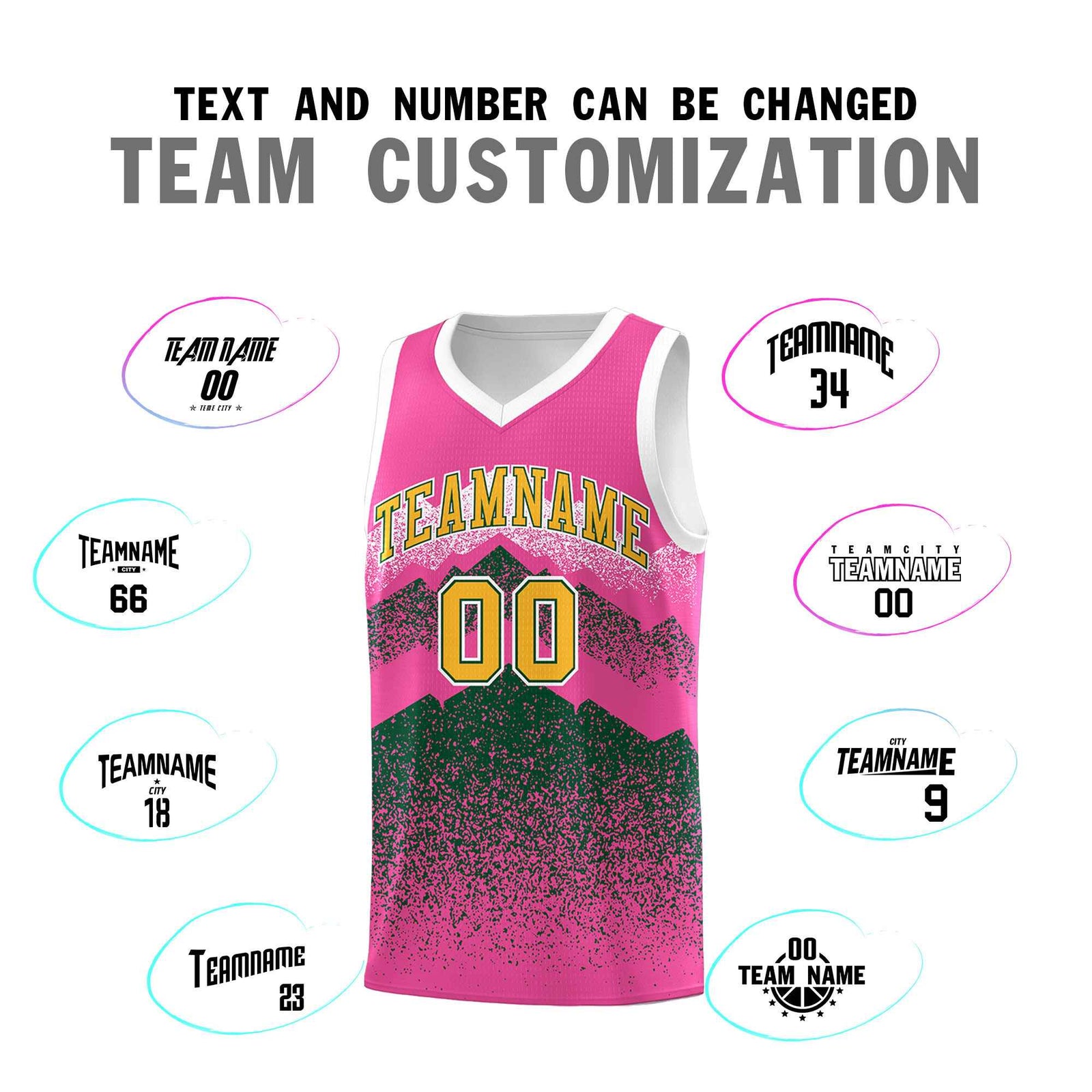 Personalized Youth Basketball Jerseys   Pink Green Gradient Mountain Design Uniforms