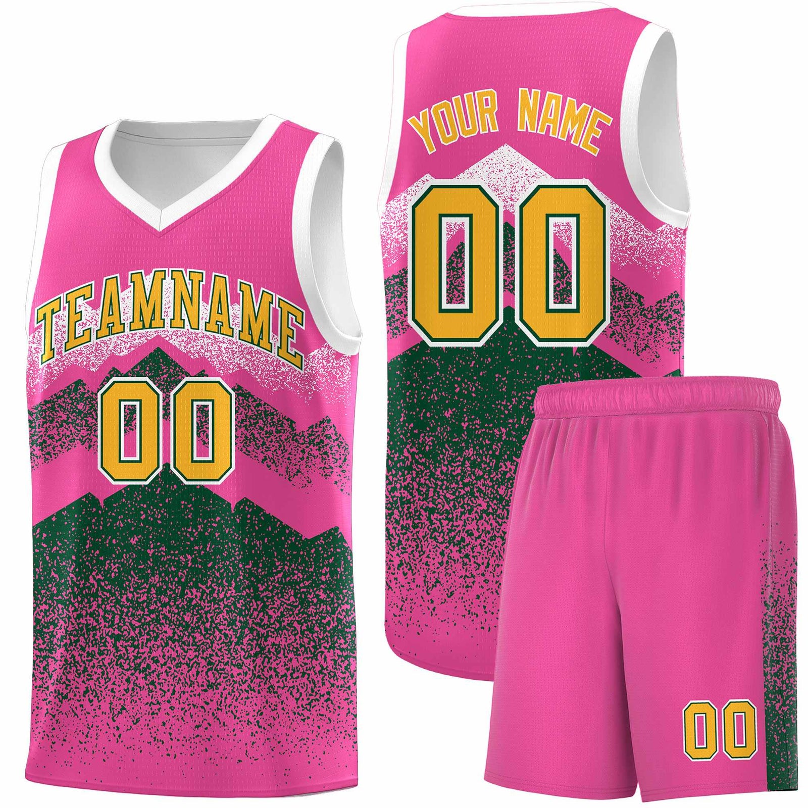Personalized Youth Basketball Jerseys   Pink Green Gradient Mountain Design Uniforms