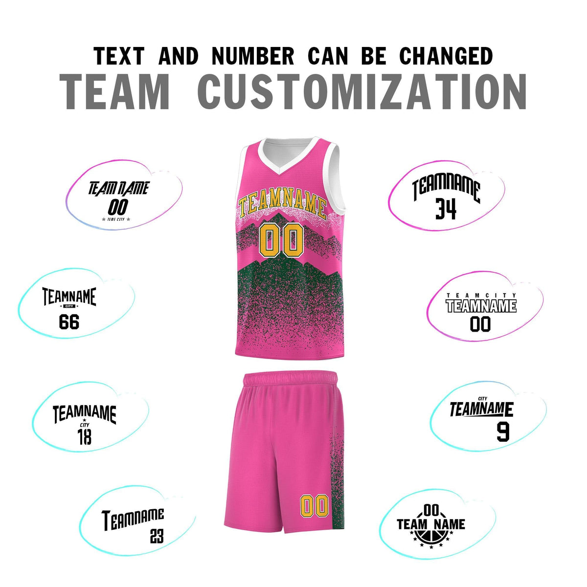 Personalized Youth Basketball Jerseys   Pink Green Gradient Mountain Design Uniforms
