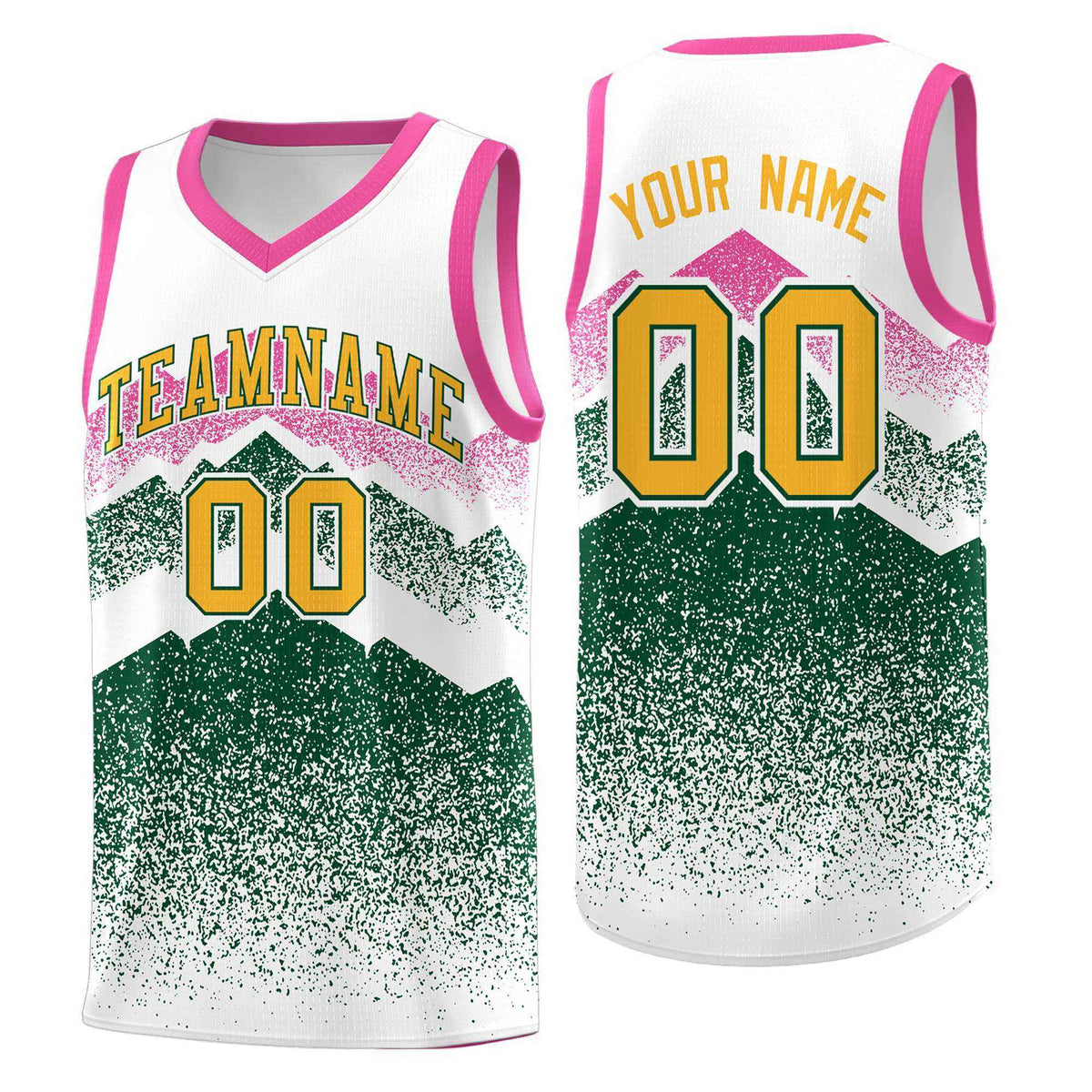 Custom Youth Basketball Jerseys White Green Gradient Mountain Design Uniforms