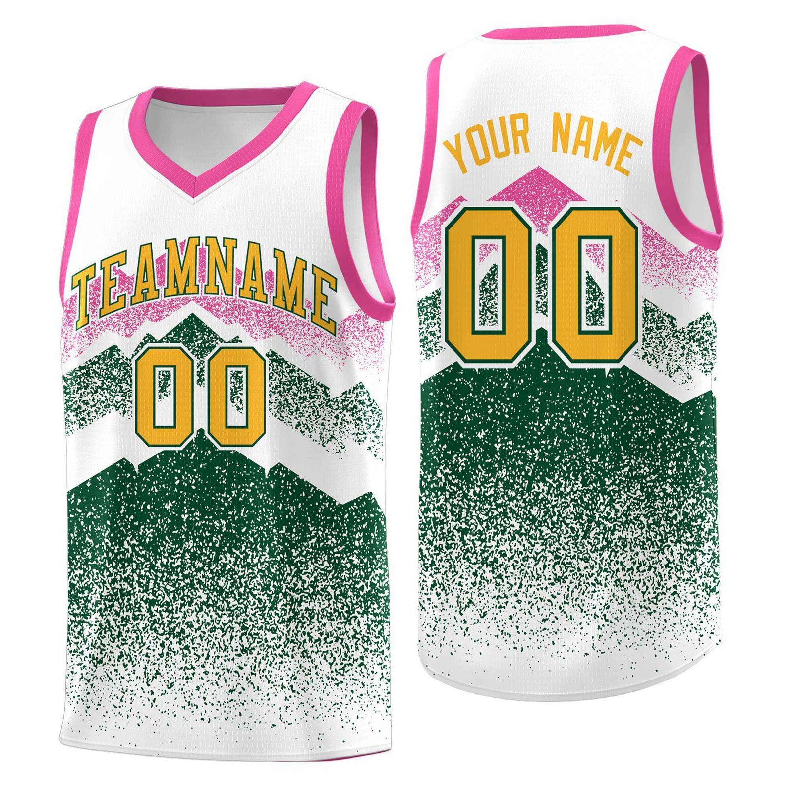 Custom Youth Basketball Jerseys White Green Gradient Mountain Design Uniforms