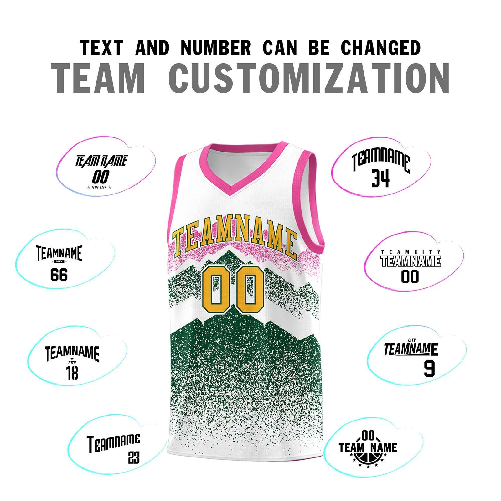 Custom Youth Basketball Jerseys White Green Gradient Mountain Design Uniforms