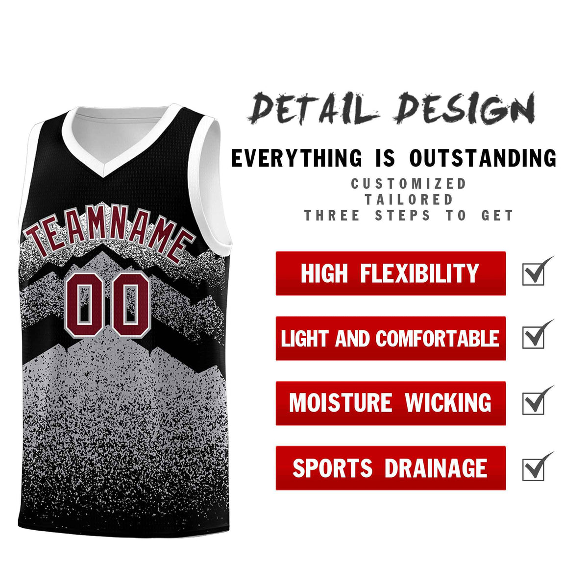 Personalized Youth Basketball Jerseys   Black Gray Gradient Mountain Design Uniforms