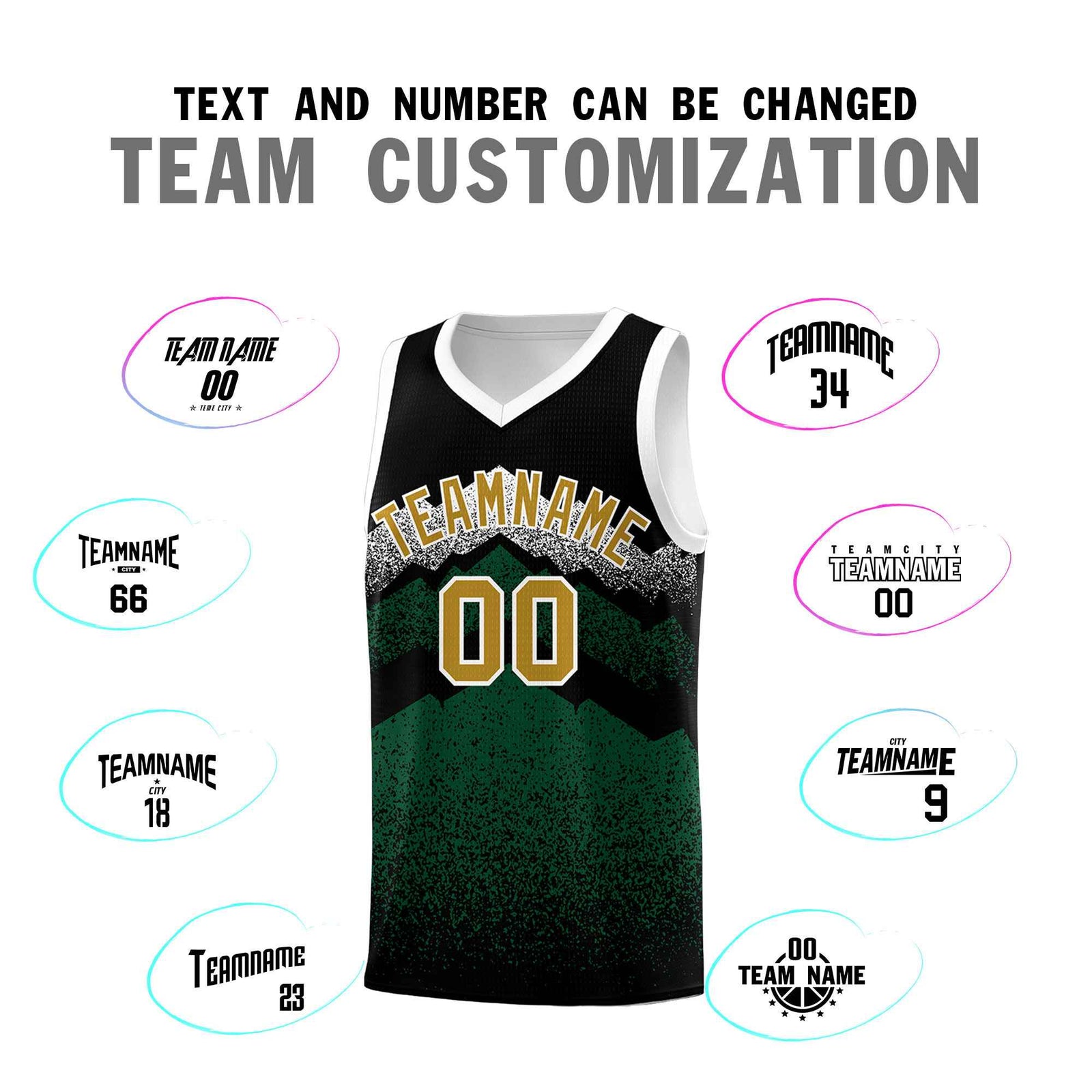 Personalized Youth Basketball Jerseys   Black Green Gradient Mountain Design Uniforms