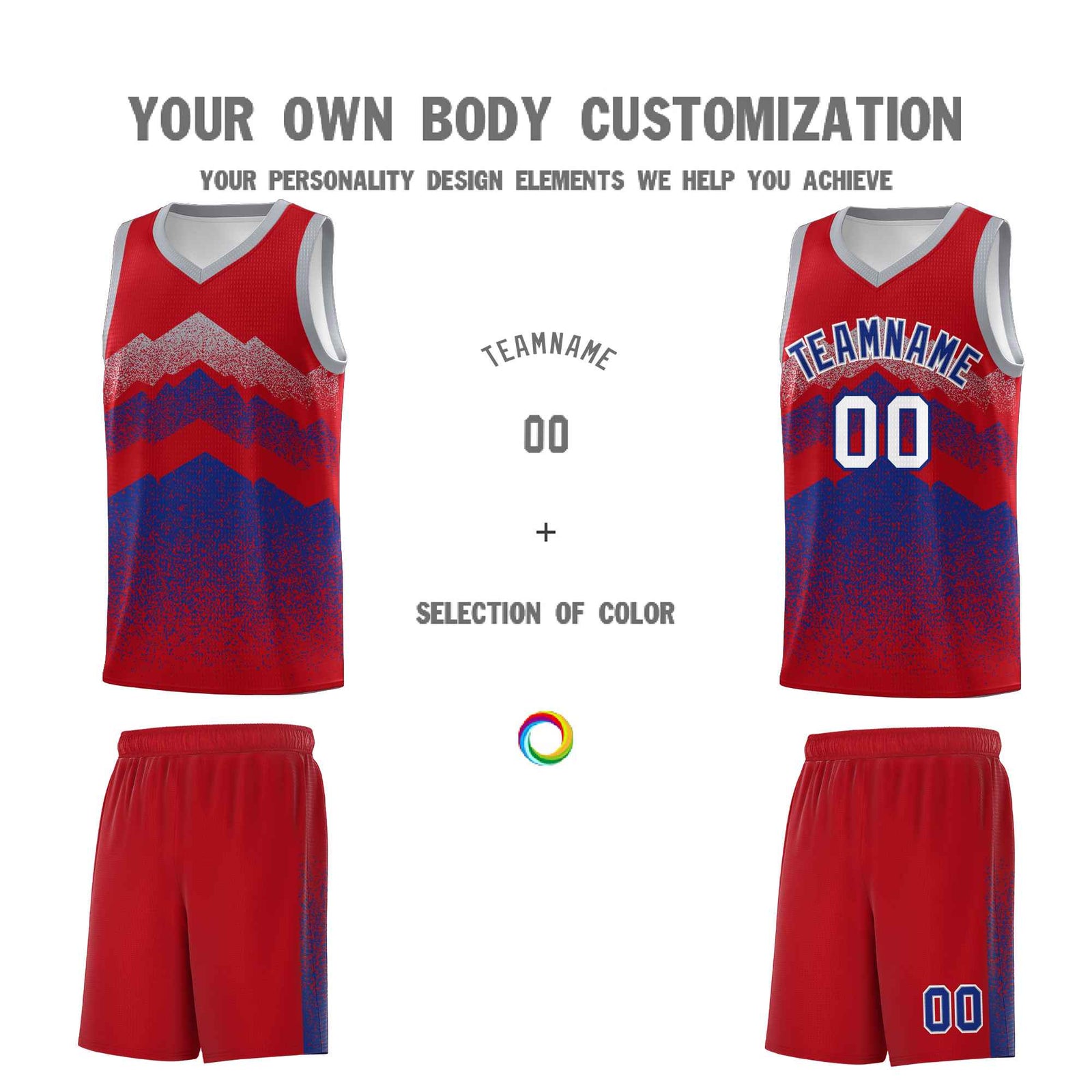 Custom Youth Basketball Jerseys Red Royal Gradient Mountain Design Uniforms