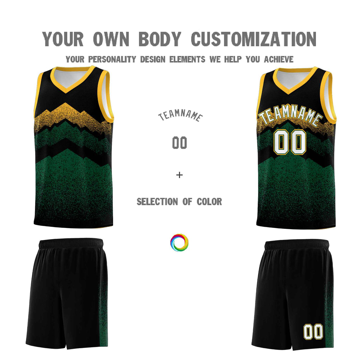 Custom Youth Basketball Jerseys Black Green Gradient Mountain Design Uniforms