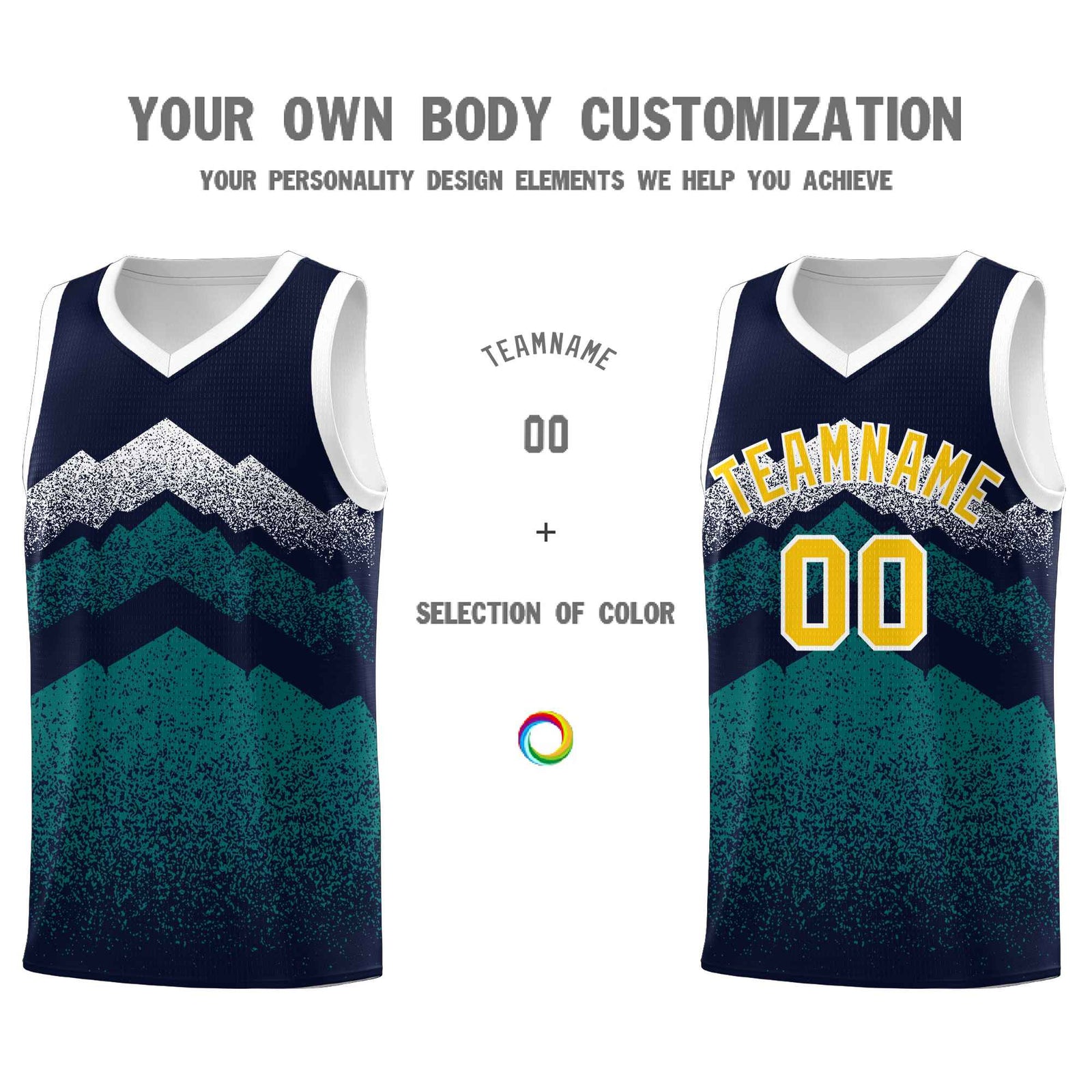 Custom Youth Basketball Jerseys Navy Teal Gradient Mountain Design Uniforms