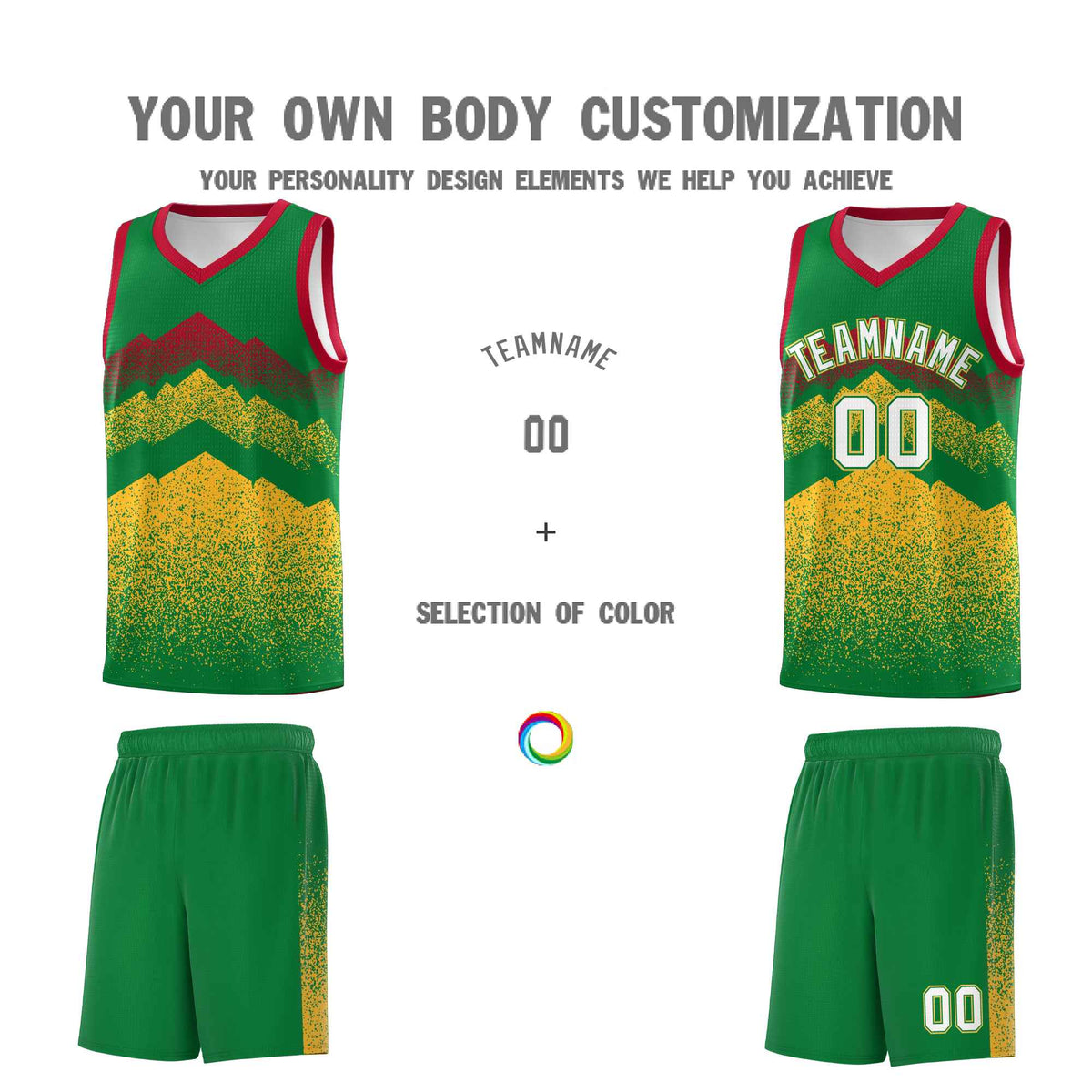 Custom Youth Basketball Jerseys Kelly Green Gold Gradient Mountain Design Uniforms