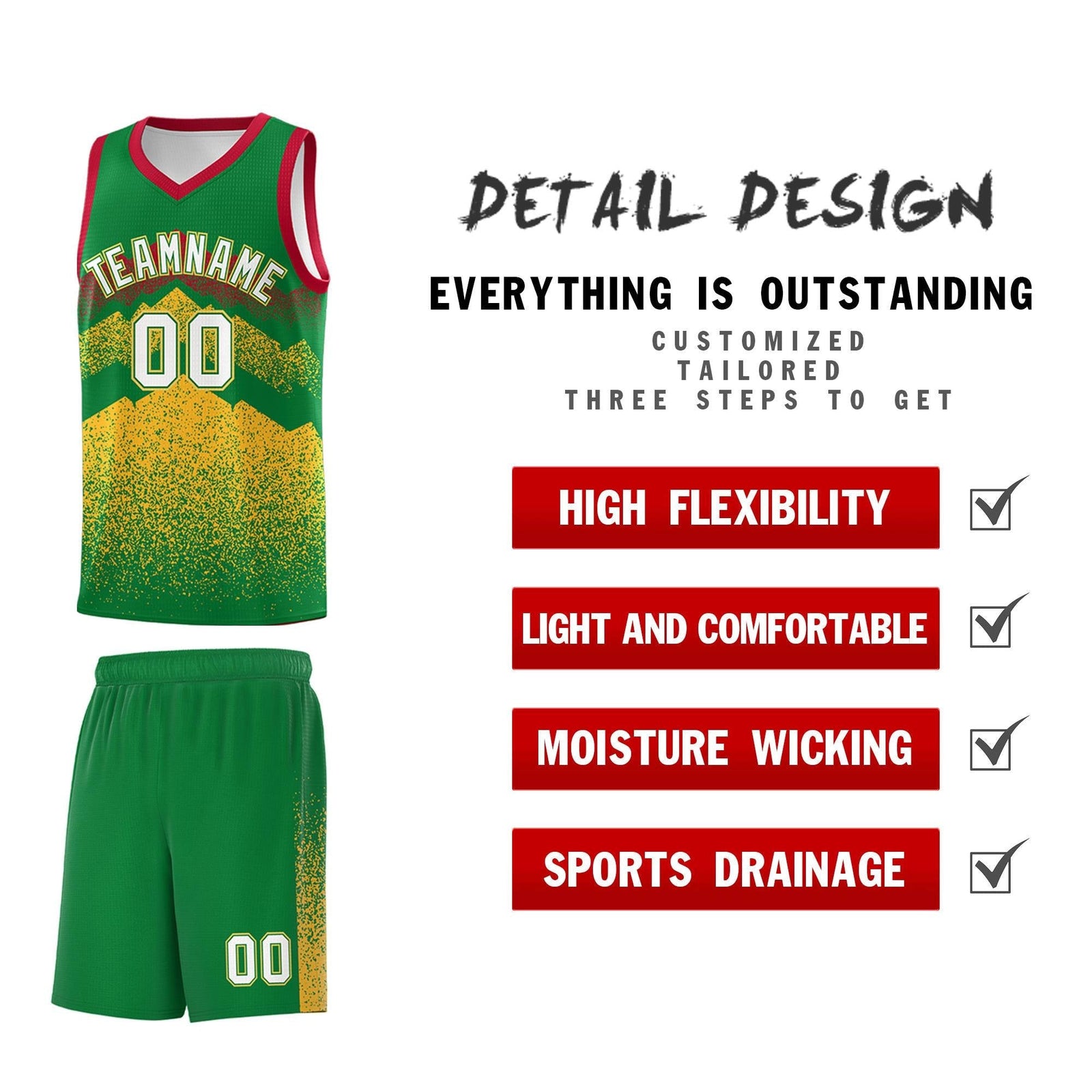 Custom Youth Basketball Jerseys Kelly Green Gold Gradient Mountain Design Uniforms