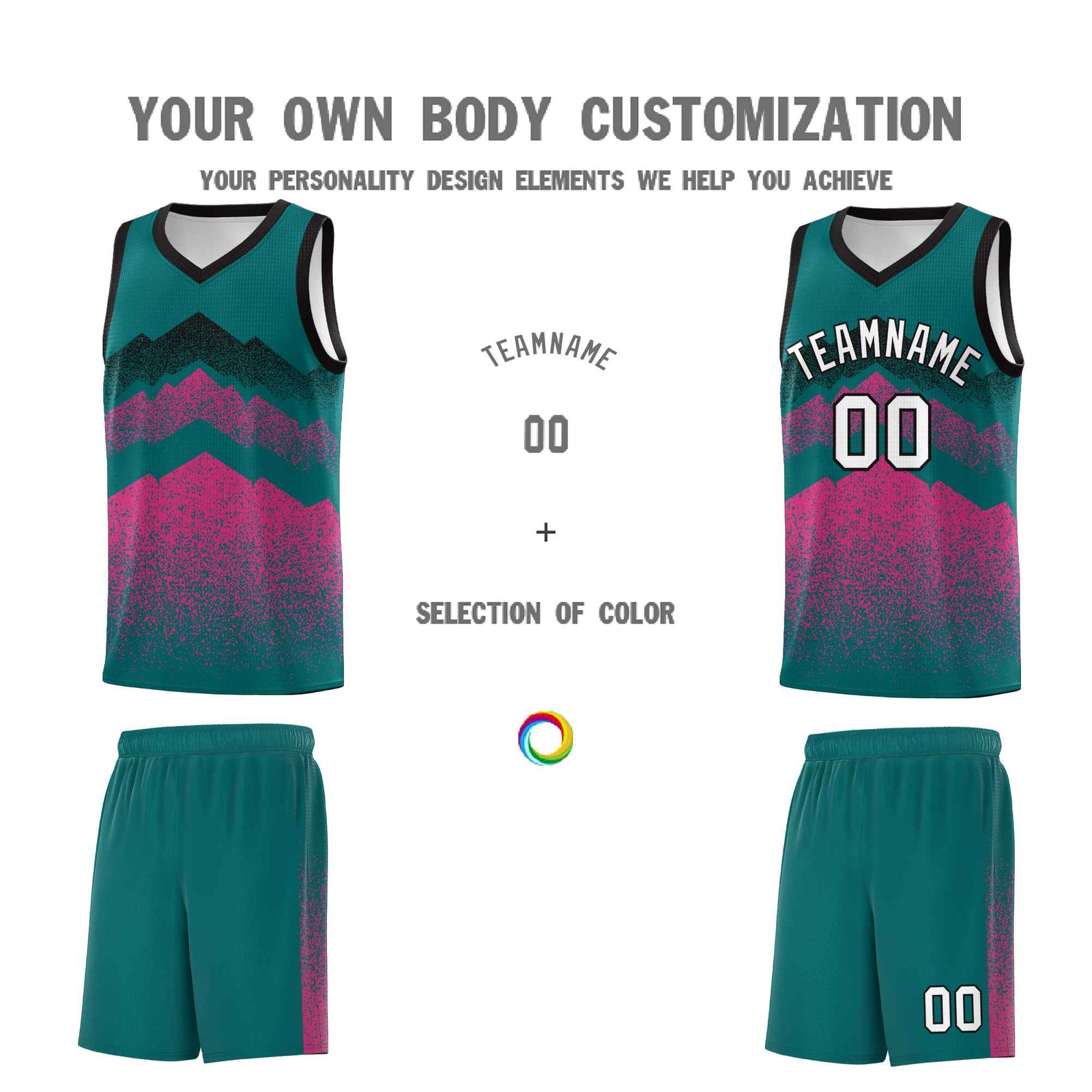 Custom Youth Basketball Jerseys Midnight Green Pink Gradient Mountain Design Uniforms