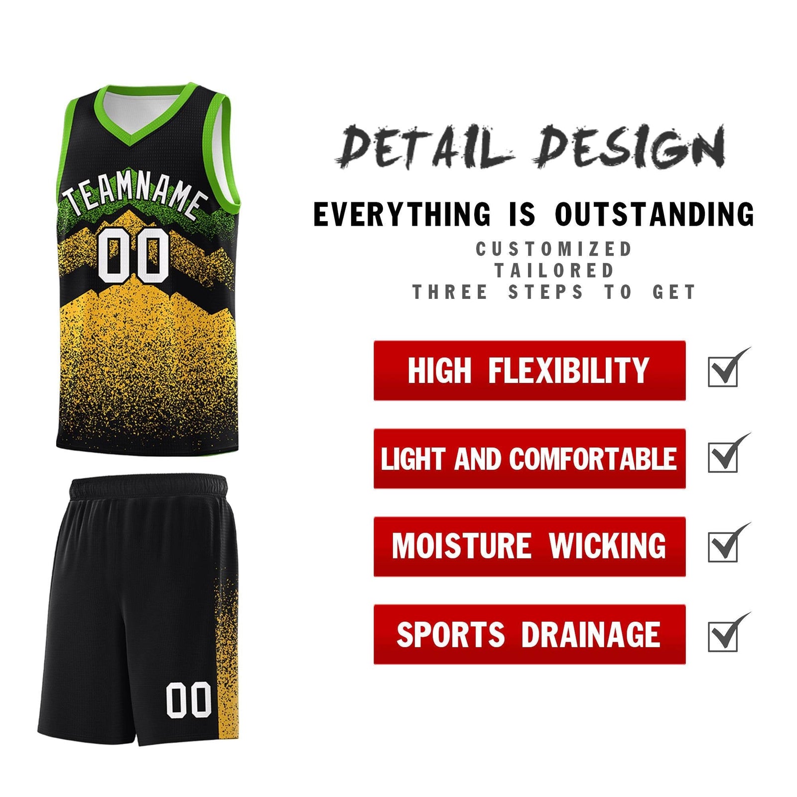 Personalized Youth Basketball Jerseys   Black Gold Gradient Mountain Design Uniforms