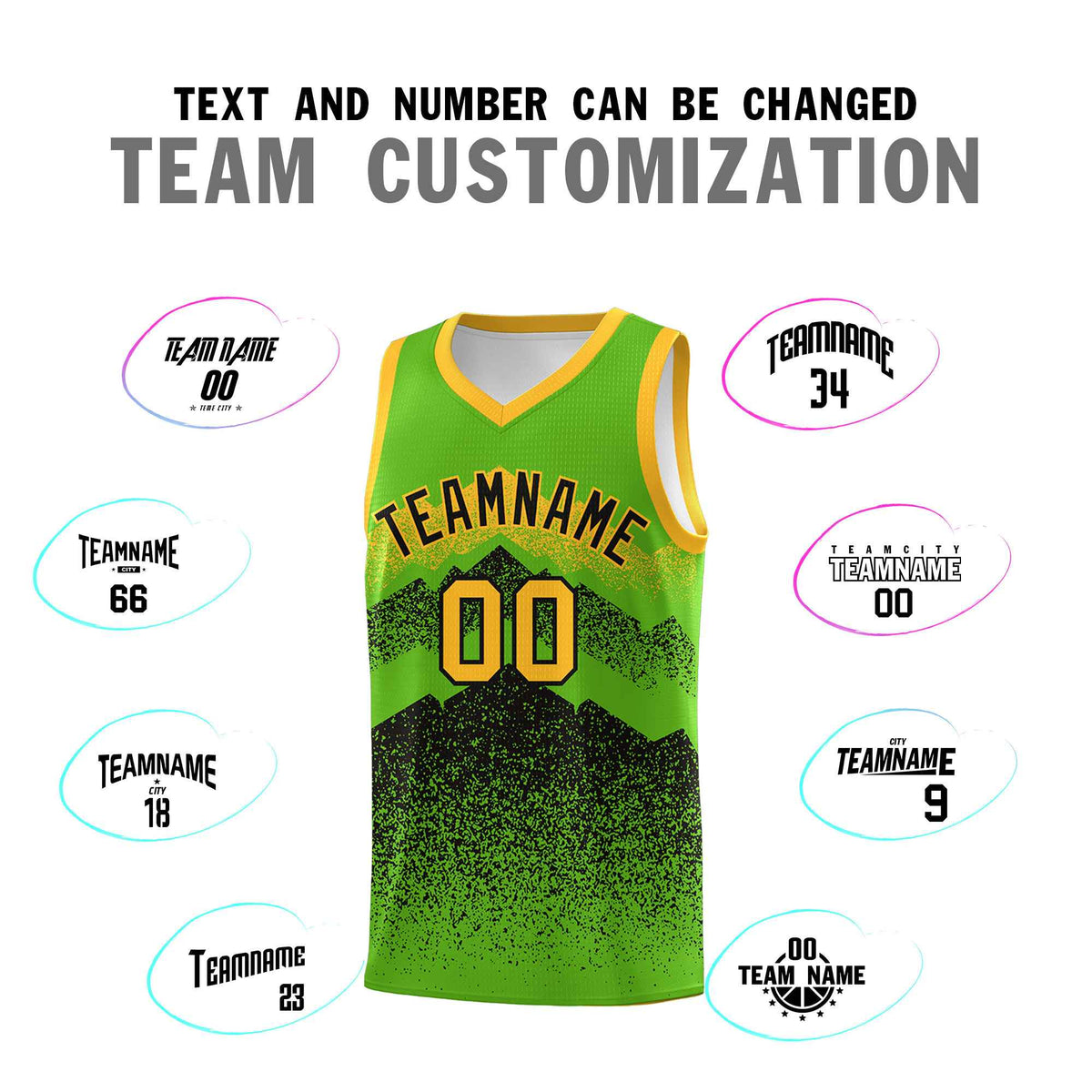 Custom Youth Basketball Jerseys Green Black Gradient Mountain Design Uniforms