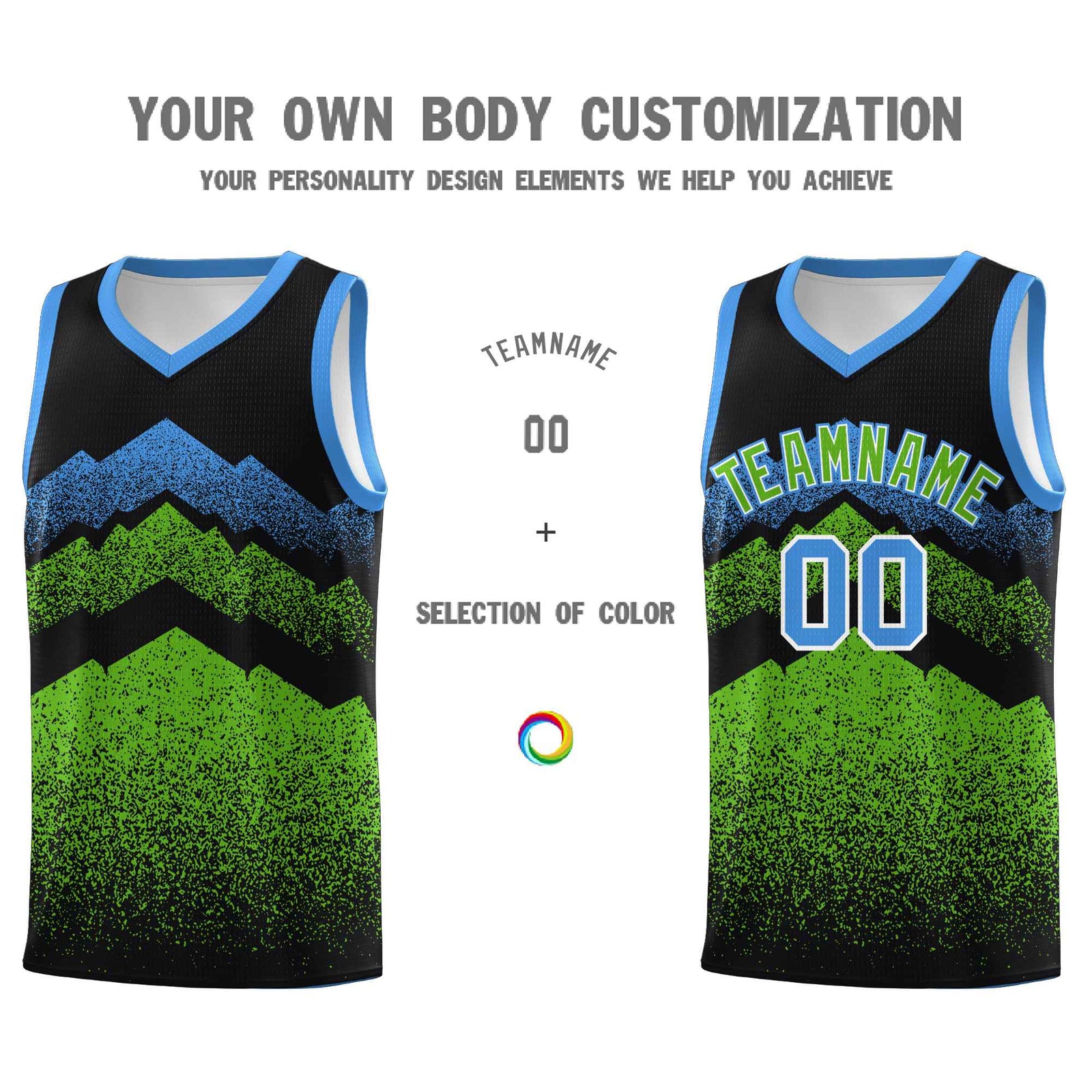 Personalized Youth Basketball Jerseys   Black Green Gradient Mountain Design Uniforms