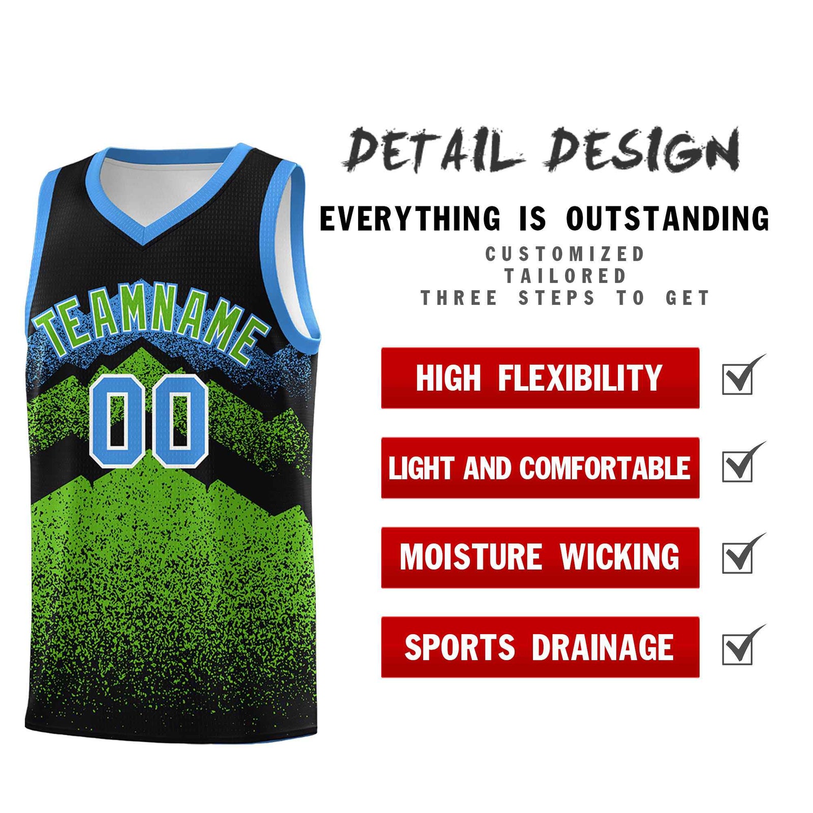 Personalized Youth Basketball Jerseys   Black Green Gradient Mountain Design Uniforms