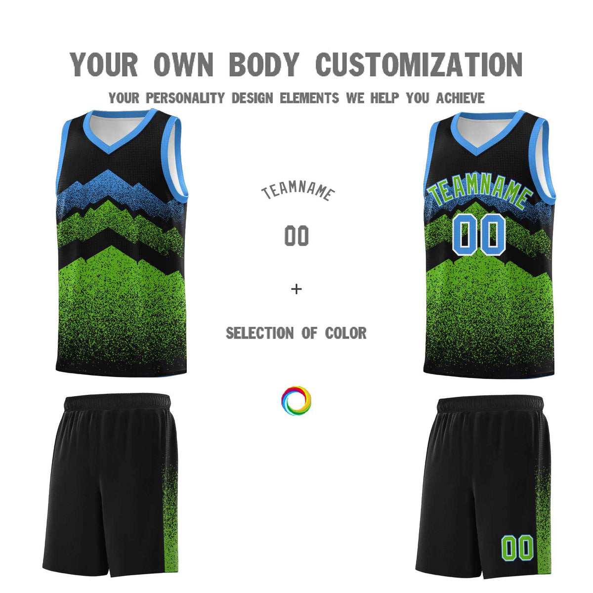Personalized Youth Basketball Jerseys   Black Green Gradient Mountain Design Uniforms