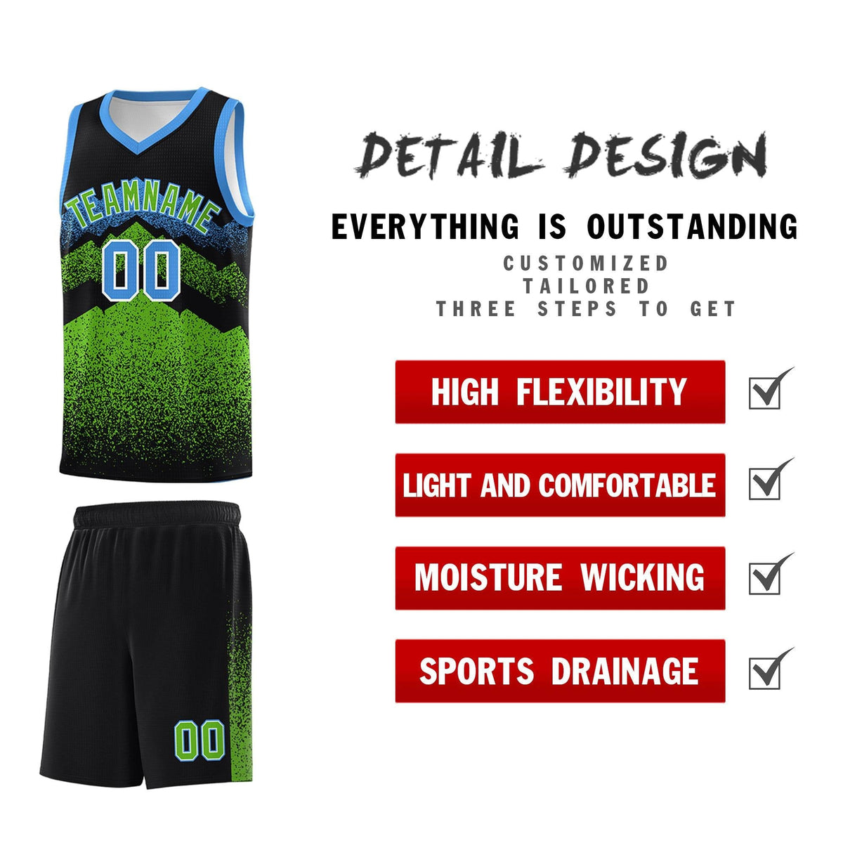 Personalized Youth Basketball Jerseys   Black Green Gradient Mountain Design Uniforms