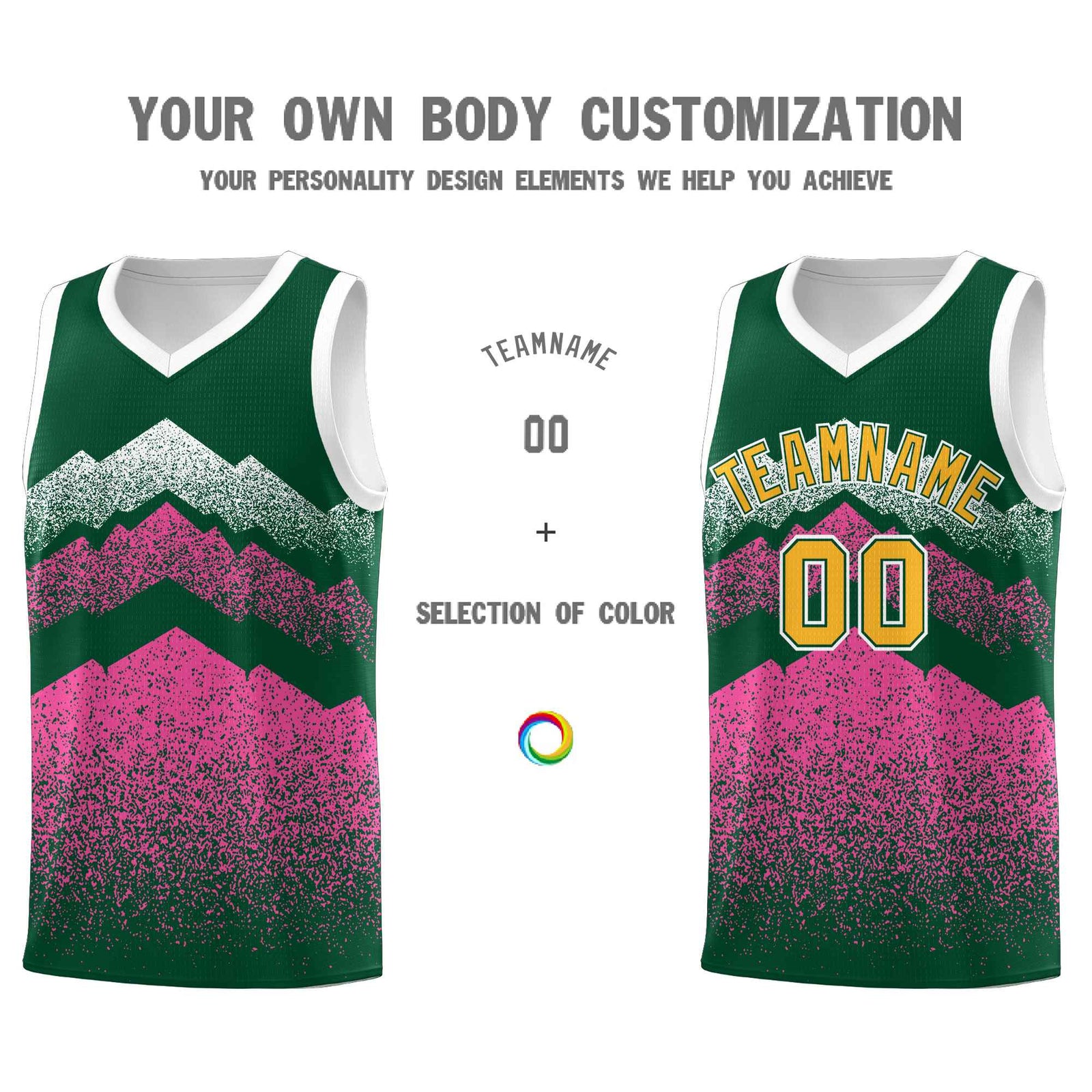 Custom Youth Basketball Jerseys Green Pink Gradient Mountain Design Uniforms