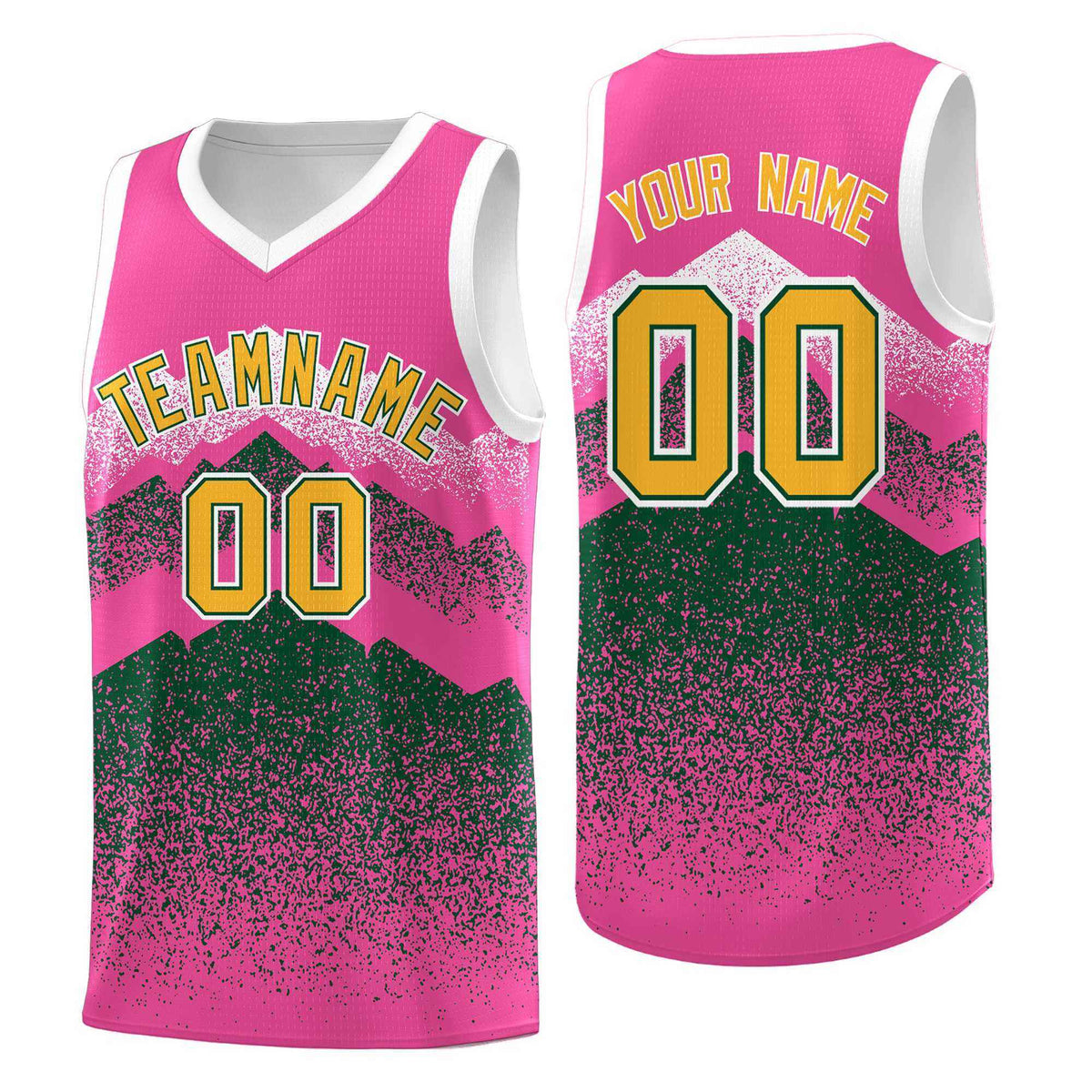 Personalized Youth Basketball Jerseys   Pink Green Gradient Mountain Design Uniforms