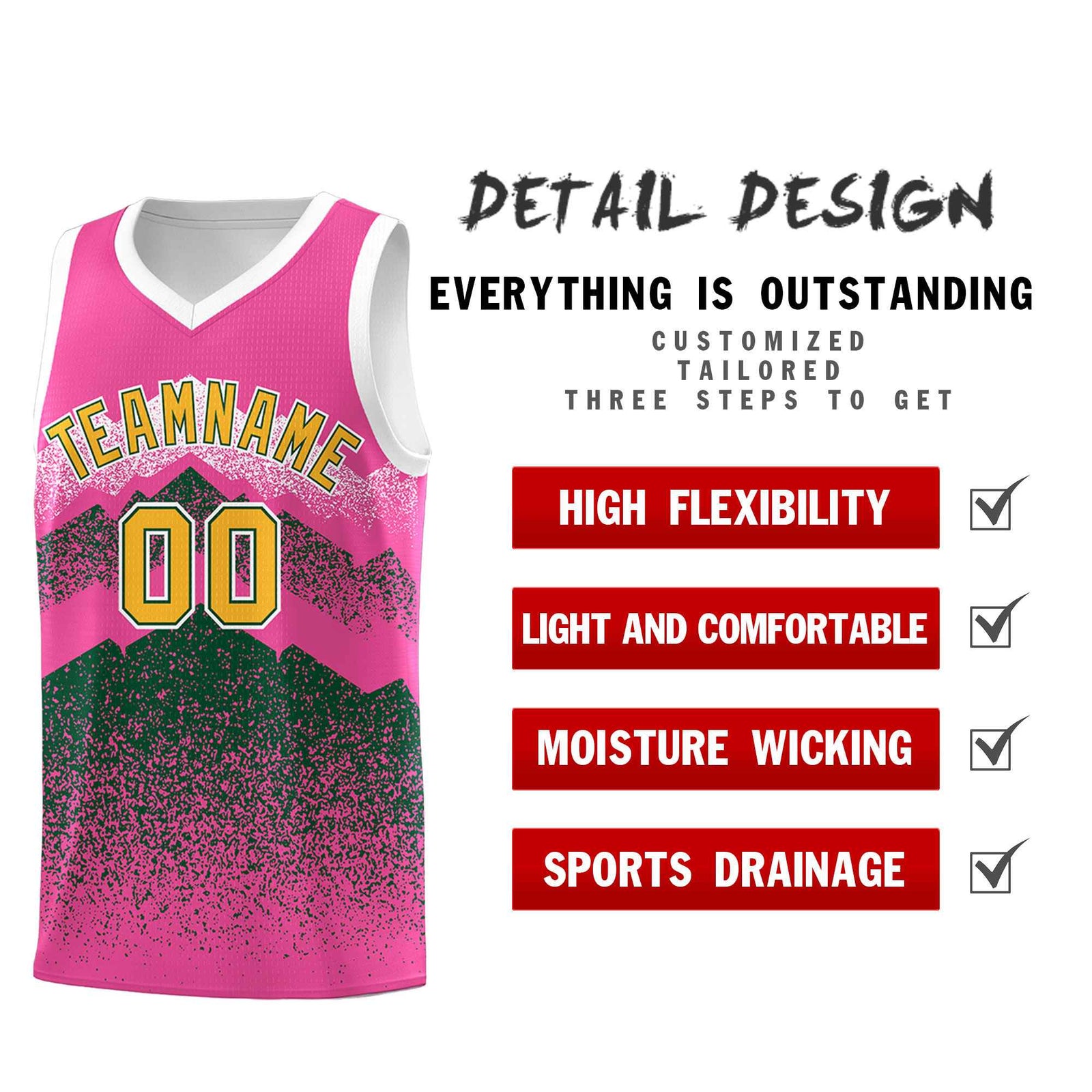 Personalized Youth Basketball Jerseys   Pink Green Gradient Mountain Design Uniforms