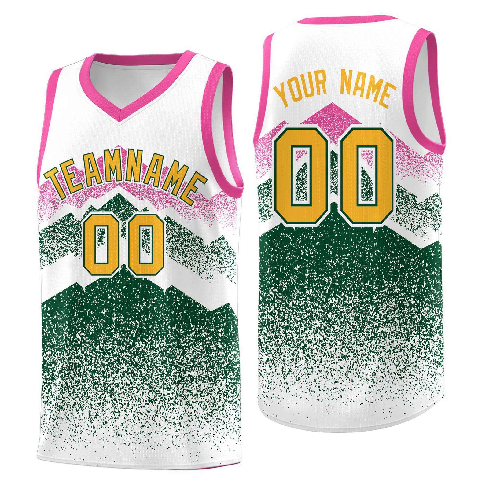 Custom Youth Basketball Jerseys White Green Gradient Mountain Design Uniforms