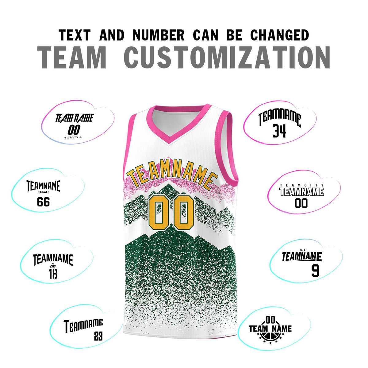 Custom Youth Basketball Jerseys White Green Gradient Mountain Design Uniforms